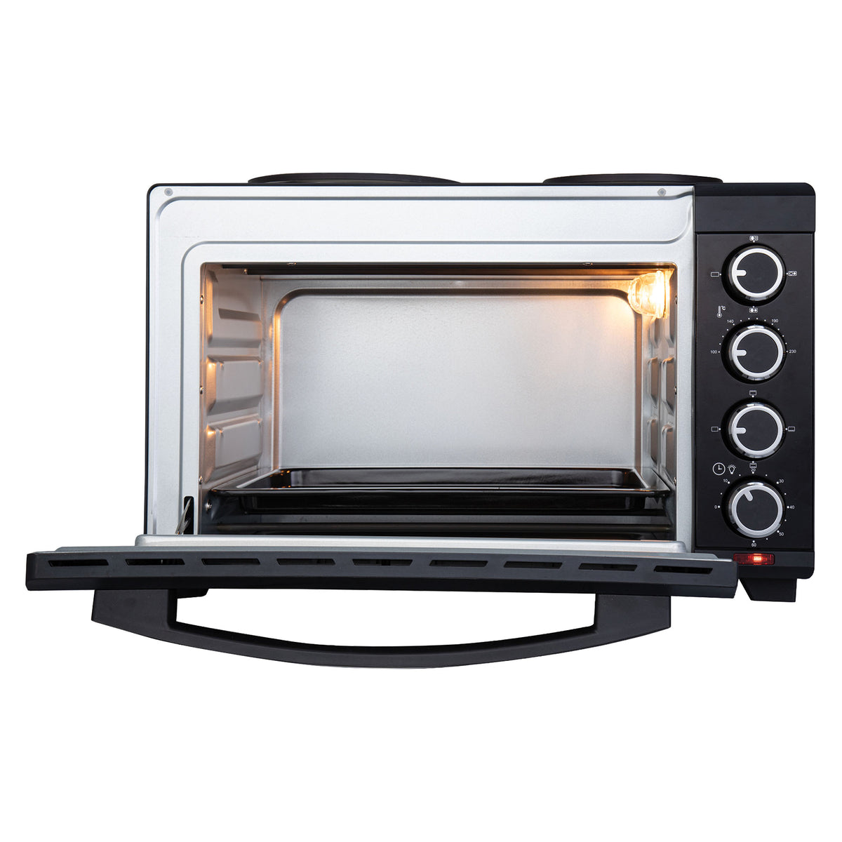 With its door open, interior light on, and four control knobs on the right side for temperature and settings, the Igenix 30L Mini Oven With Hotplates in black is a compact kitchen appliance that saves space while offering versatile cooking options.