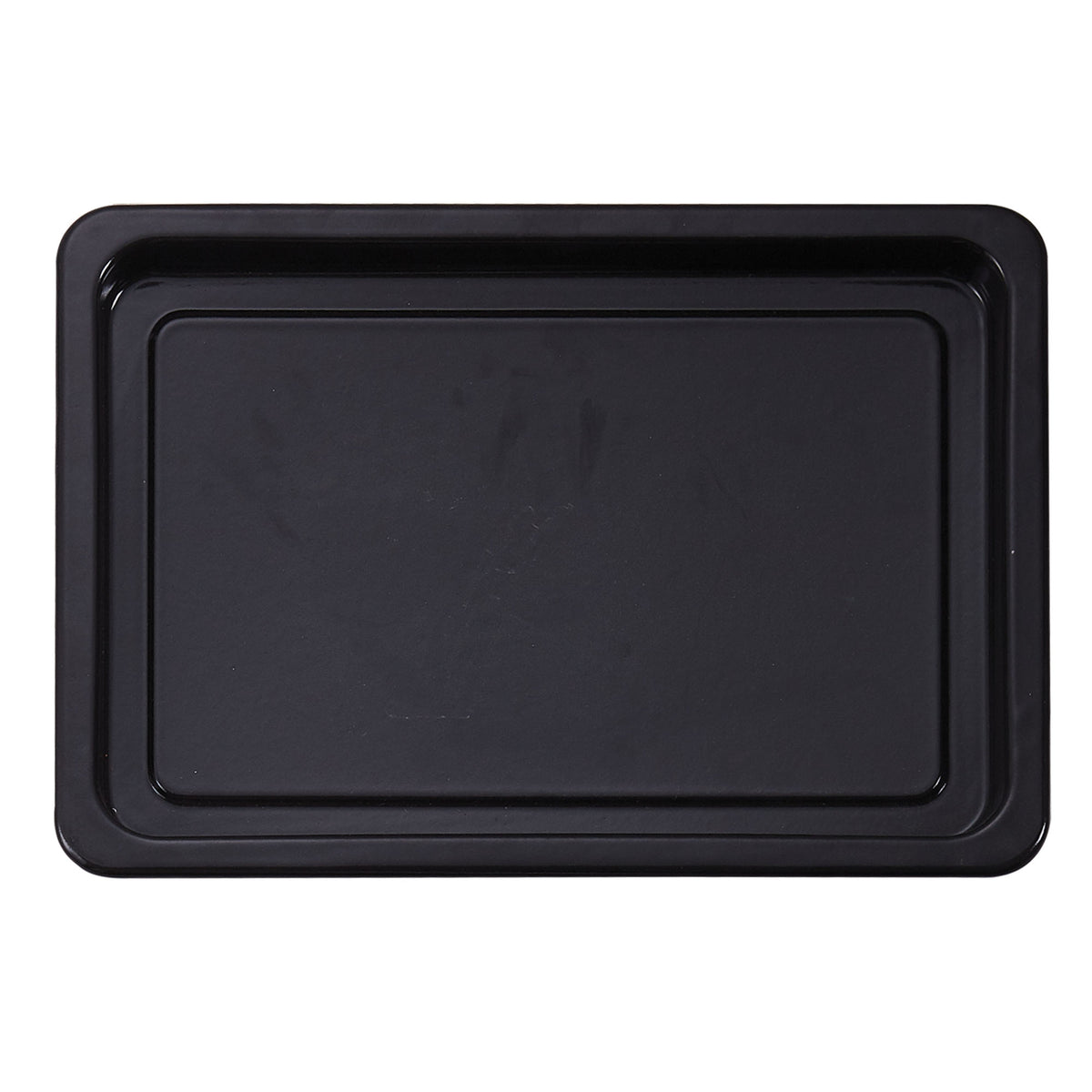 A black rectangular metal baking tray with raised edges, shown from above on a white background—designed to fit perfectly in the Igenix 30L Mini Oven With Hotplates, ideal for compact kitchens or small ovens.