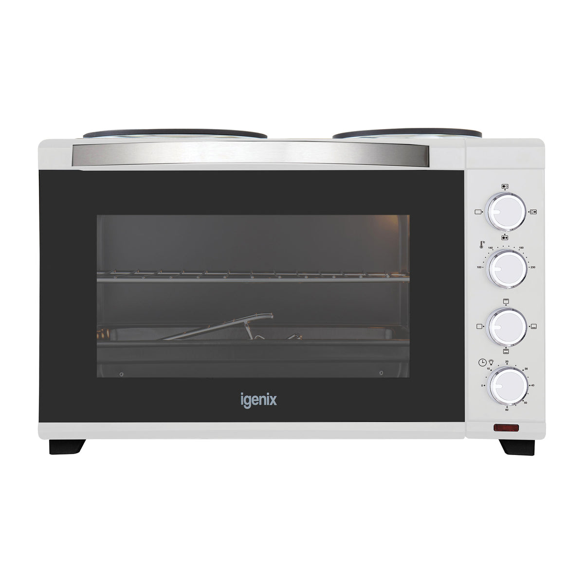 A white Igenix 30L mini oven with double hotplates on top, featuring a glass door and four control dials on the right side—perfect as a compact kitchen appliance.