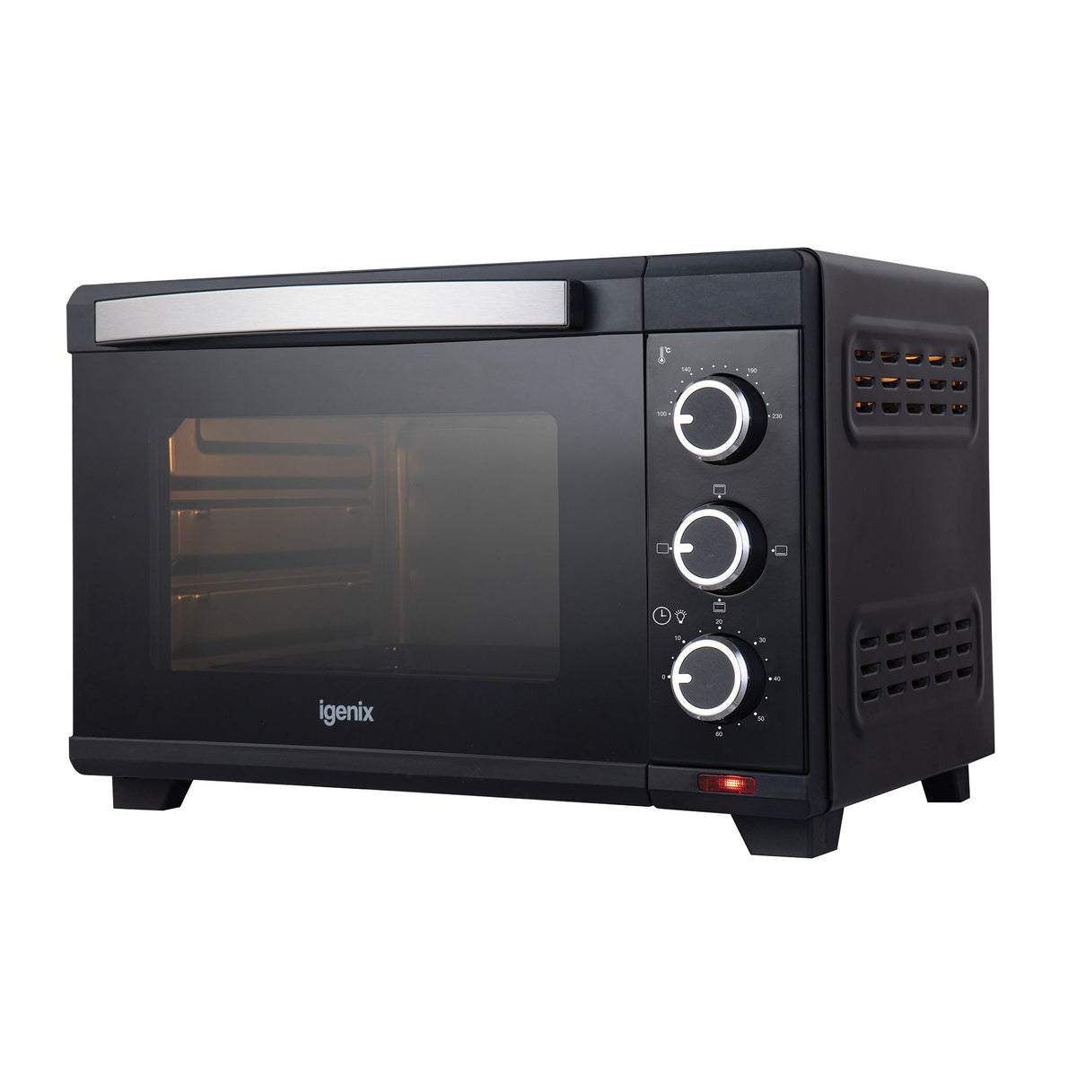 Black 30L Mini Oven from Igenix with a glass door, a horizontal handle, and three control knobs on the side panel.
