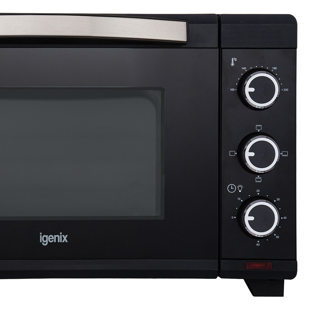 Close-up of a black 30L Mini Oven, Igenix, featuring three control dials on the right side for temperature, heating mode, and a timer.