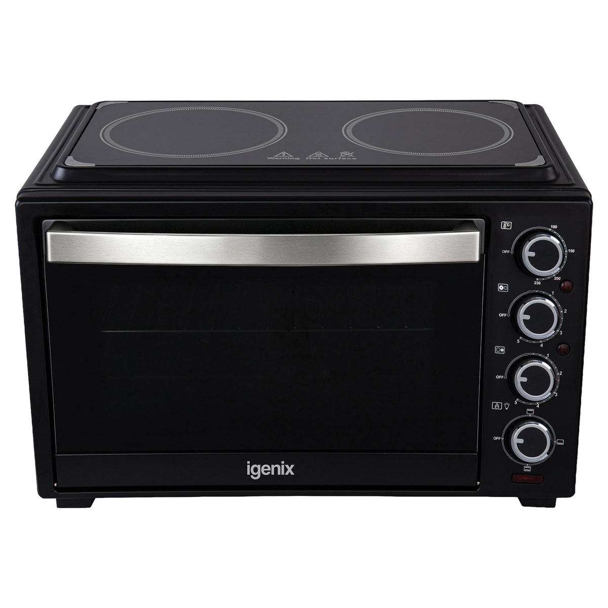 Black 38L Mini Oven with Ceramic Hotplates by Igenix, featuring two electric hotplates on top and four control dials on the right side.
