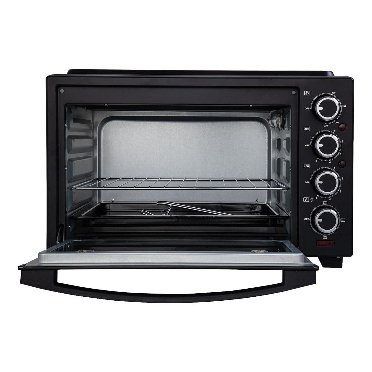 Black 38L Mini Oven with Ceramic Hotplates by Igenix shown with the glass door open, revealing an interior rack and baking tray, with four control dials on the right side.