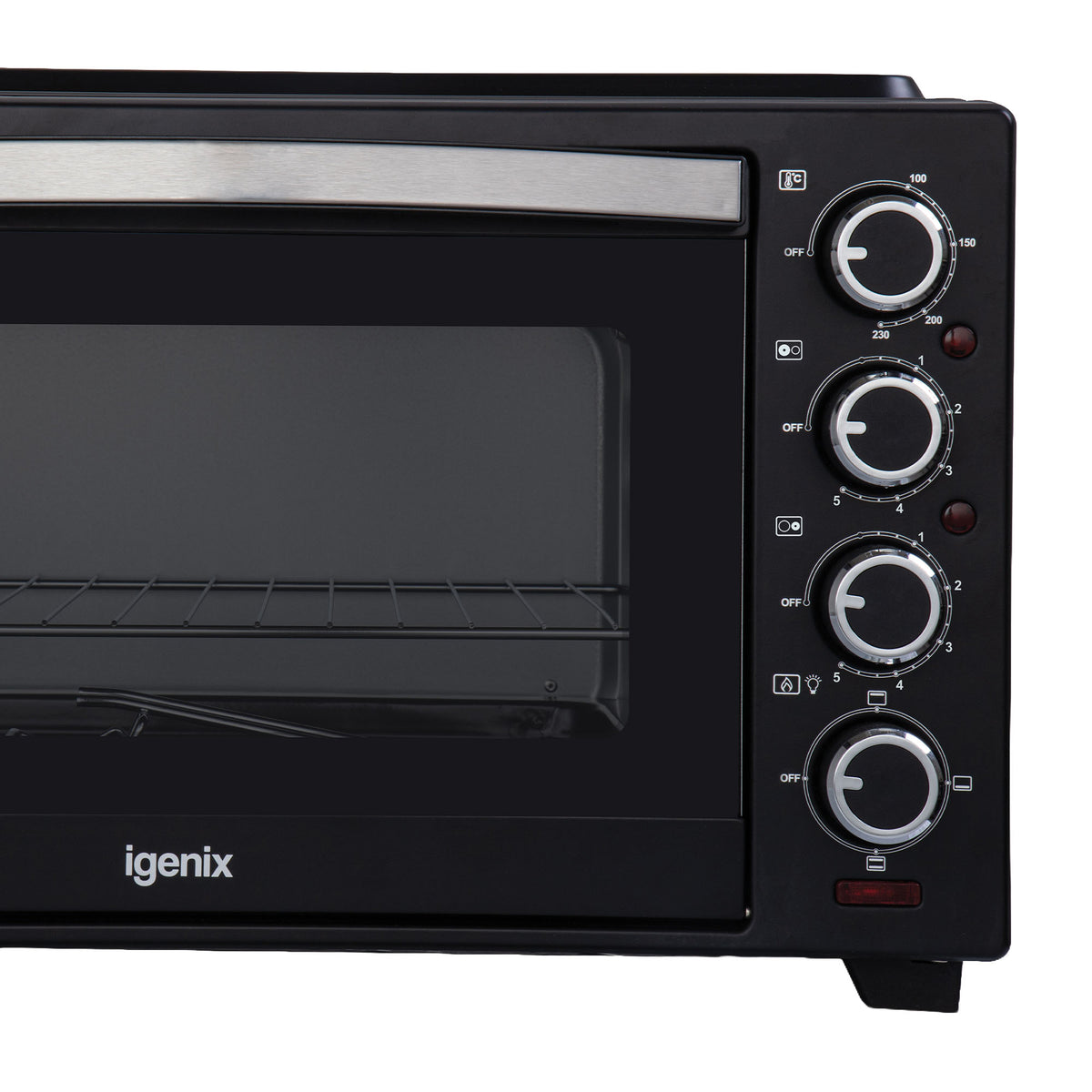 Igenix 38L Mini Oven with Ceramic Hotplates in black, featuring a glass door and four control dials on the right for temperature, timer, and hotplate settings.