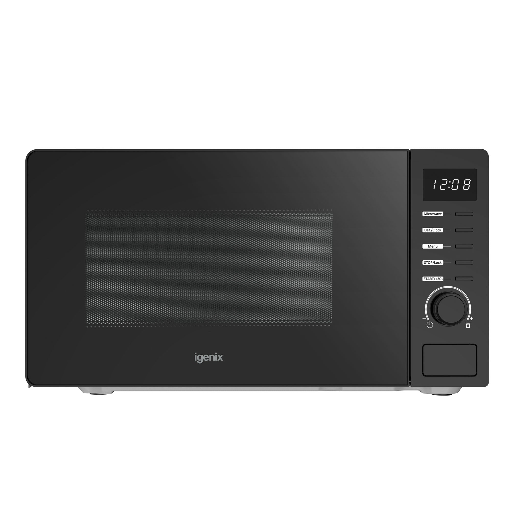The Igenix 20L 700W Digital Microwave (IGMS02070B) features a digital display at 12:08, control buttons and dial on the right, mesh window on the left door, 8 functions & 5 power levels.