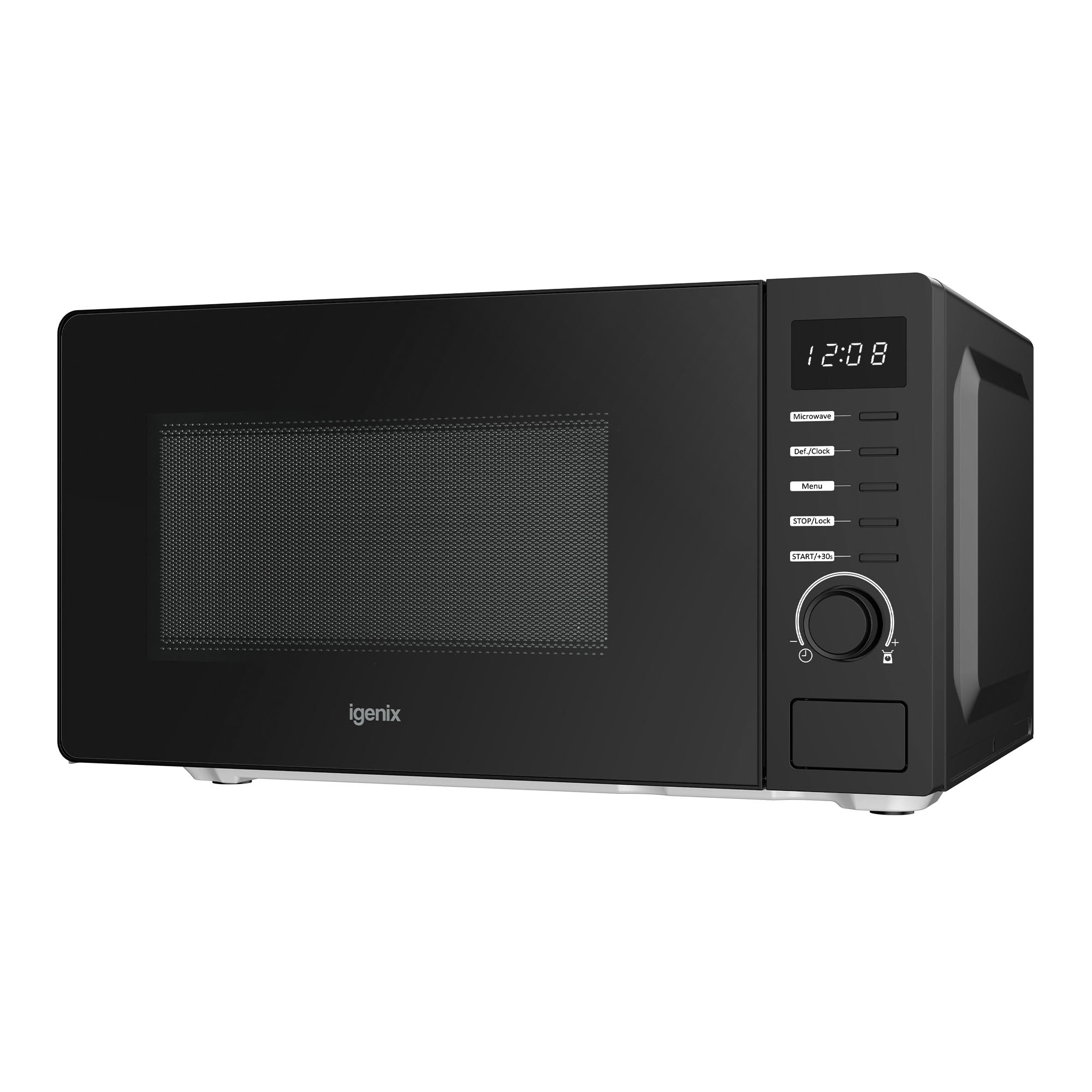 The Igenix IGMS02070B is a 20L, 700W digital microwave in black with 8 functions, 5 power levels, a digital clock display, right-side control buttons and dial, plus a large door window for easy viewing inside.