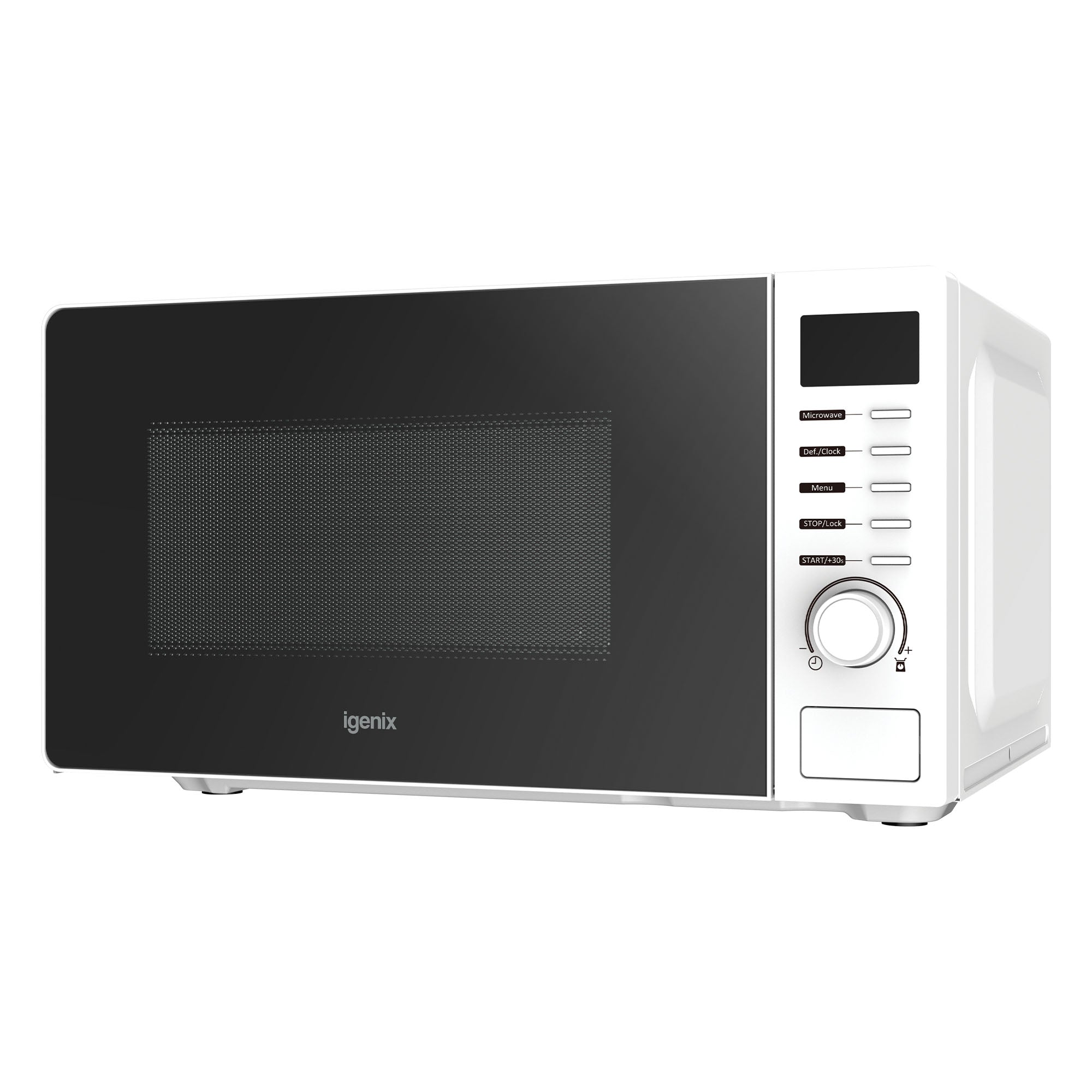 The Igenix 20L 700W Digital Microwave (IGMS02070W) features 8 functions and 5 power levels, a digital display, black front door, buttons, and rotary dial on the right—all set against a plain white background.
