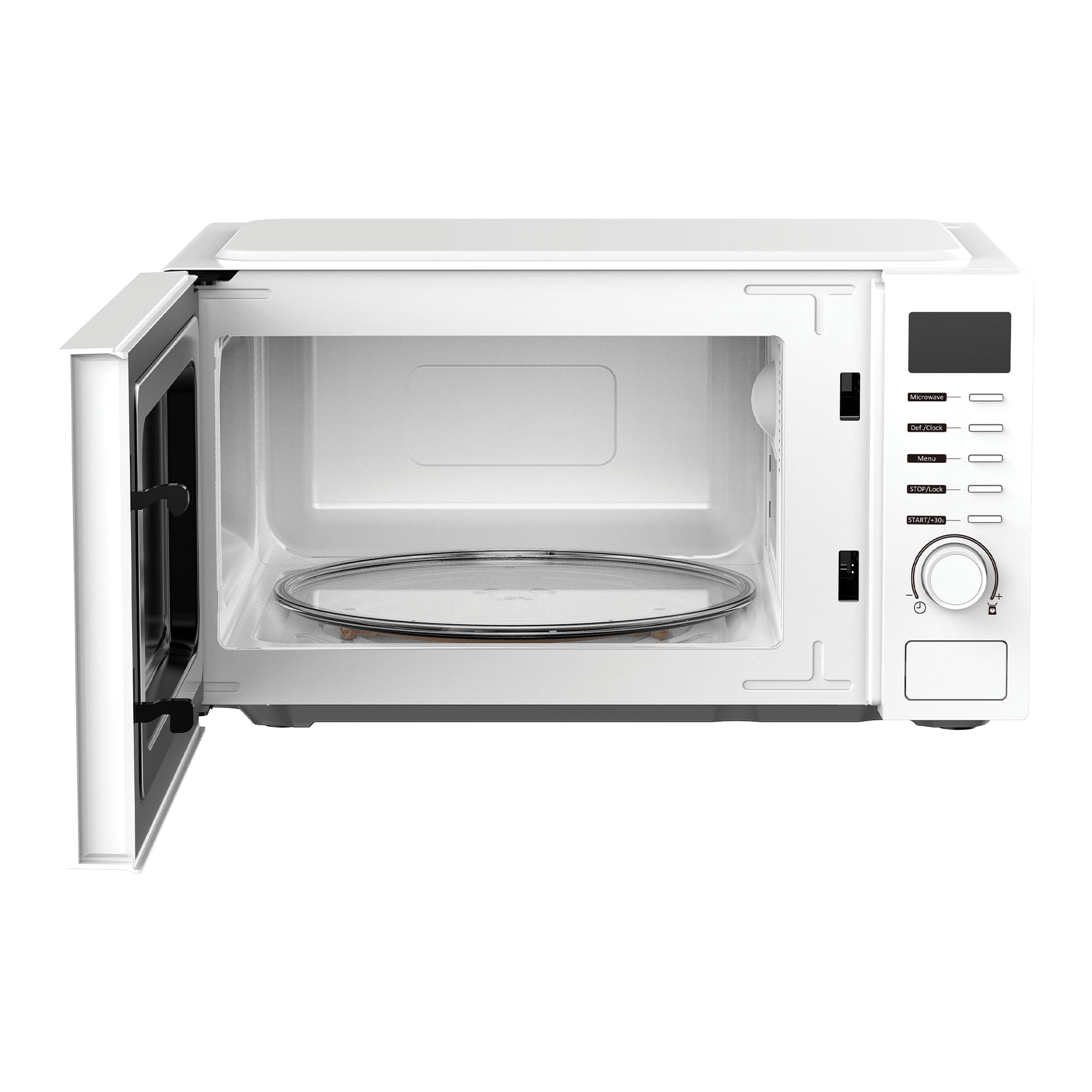 The Igenix 20L 700W Digital Microwave (IGMS02070W) is shown with its door open, revealing the empty interior and glass turntable plate. The control panel with buttons and a dial is visible on the right side.