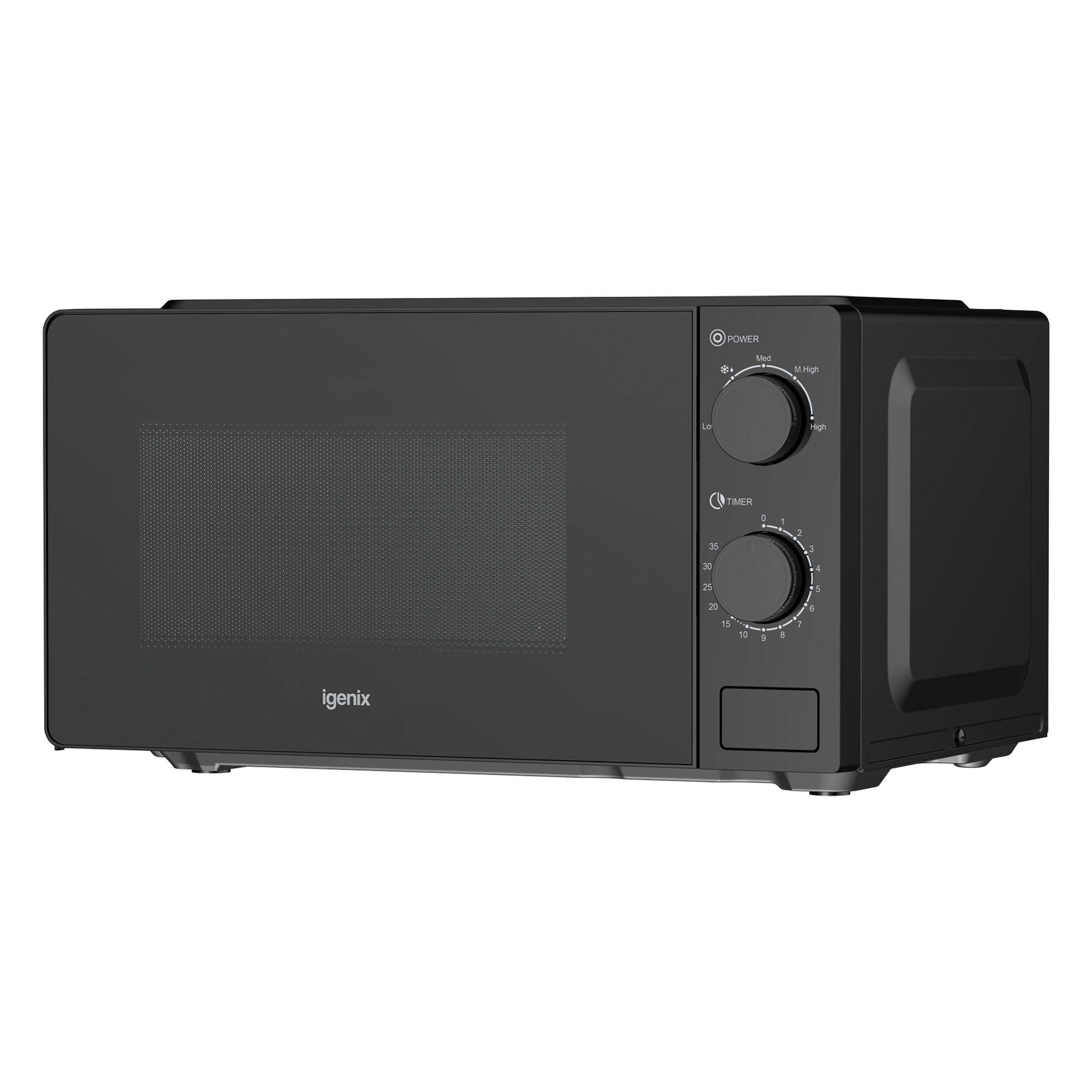The Igenix IGMS02071B is a black 700W manual microwave with a 20L capacity, 35-minute timer, front door with mesh window, and two right-side dials for power and timer control. Its simple, modern design suits any kitchen.