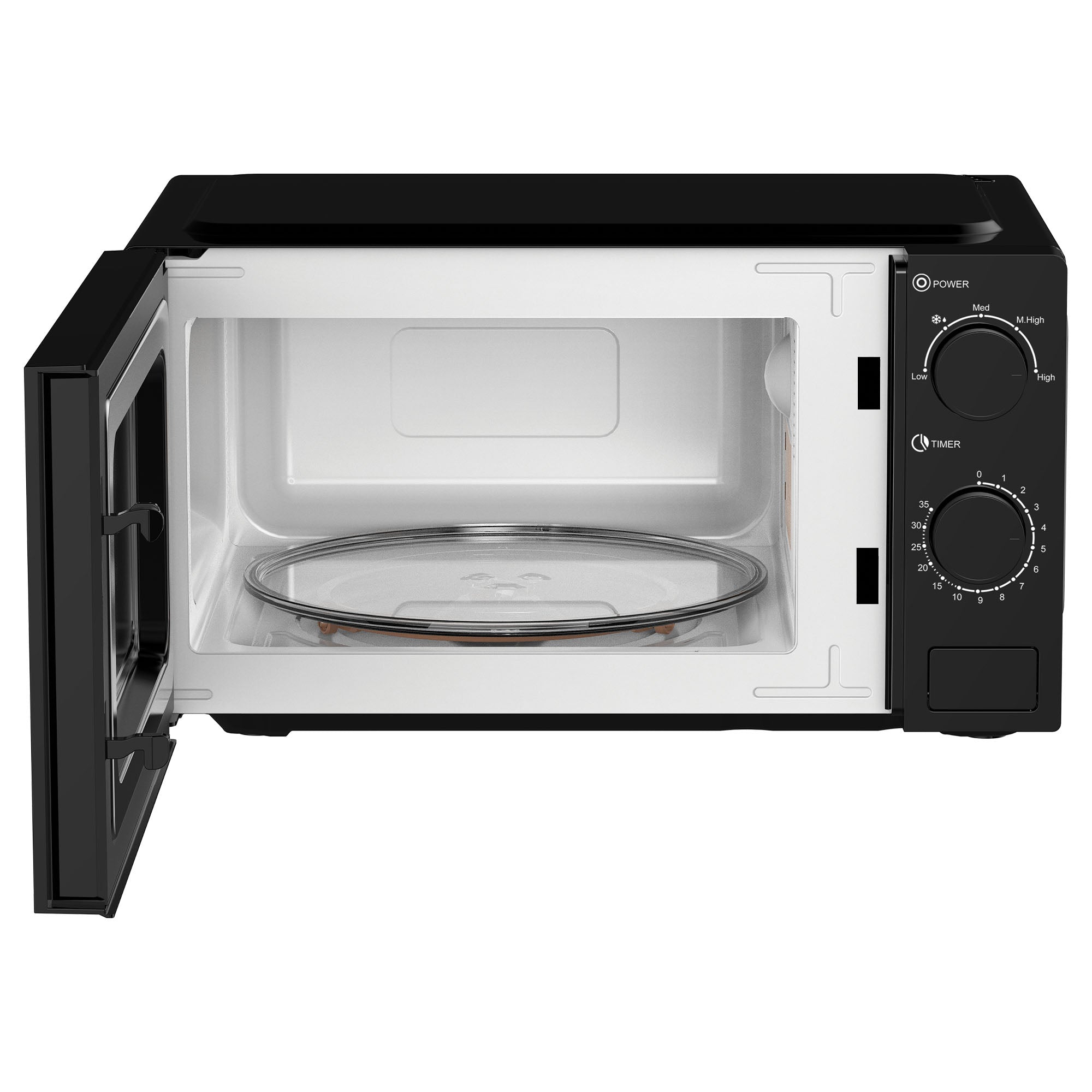 The Igenix IGMS02071B is a black 20L manual microwave with a 700W power output and a 35-minute timer. It features two control dials on the right for adjusting power and timer settings. The open door reveals an empty interior with a glass turntable.