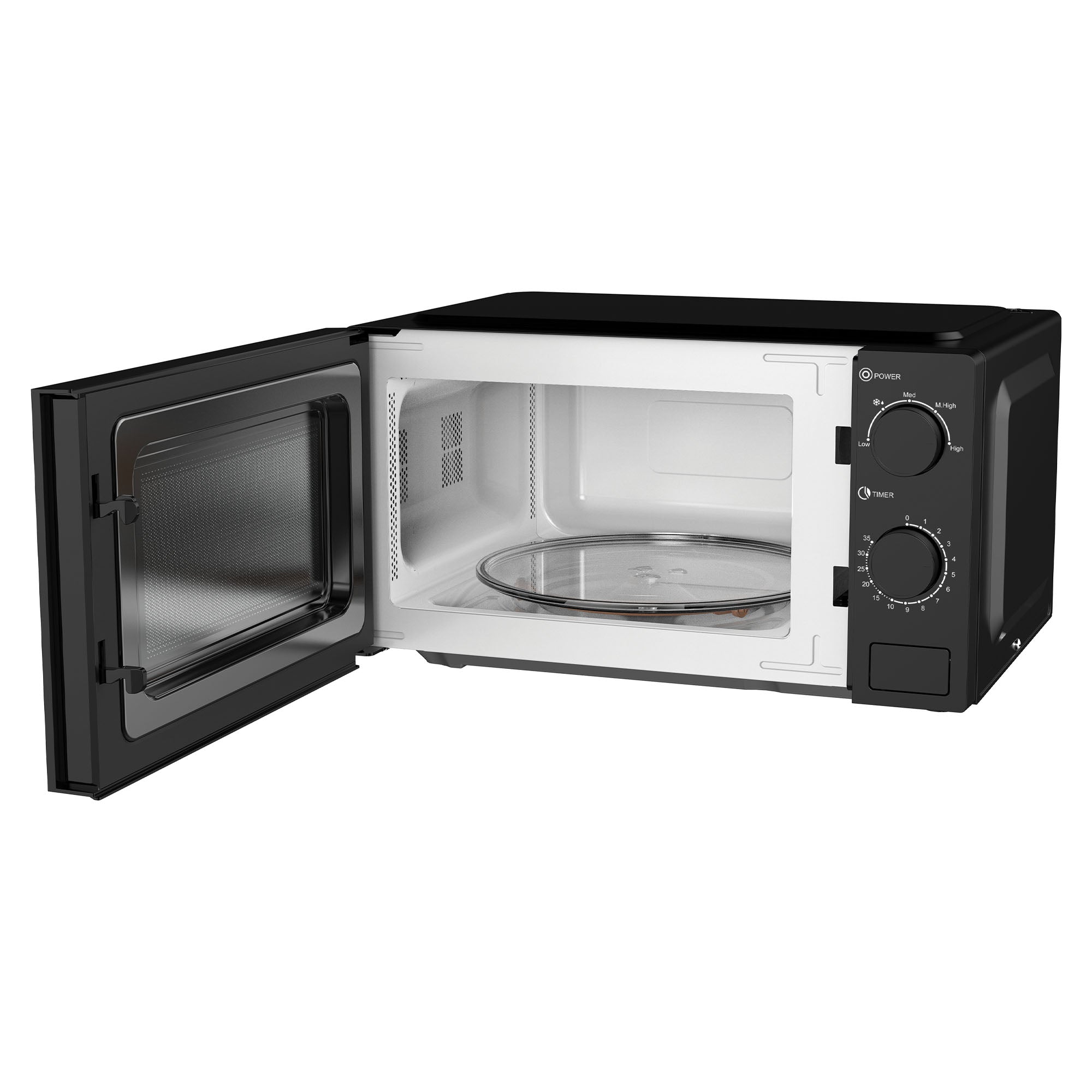 The Igenix IGMS02071B is a black 20L manual microwave with 700W power and a 35-minute timer. Its open door reveals the interior and glass turntable, while two rotary knobs on the control panel adjust timer and power level.