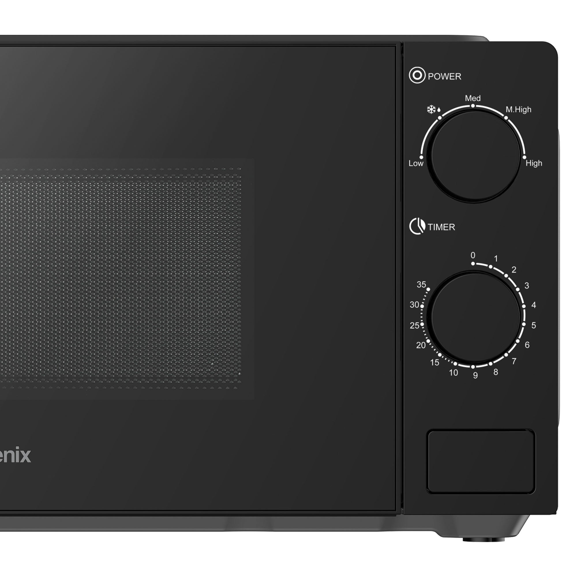 Close-up of the Igenix IGMS02071B Manual Microwave in black, 700W with two dials for power and a 35-minute timer, 20L capacity, and a mesh window on the door.