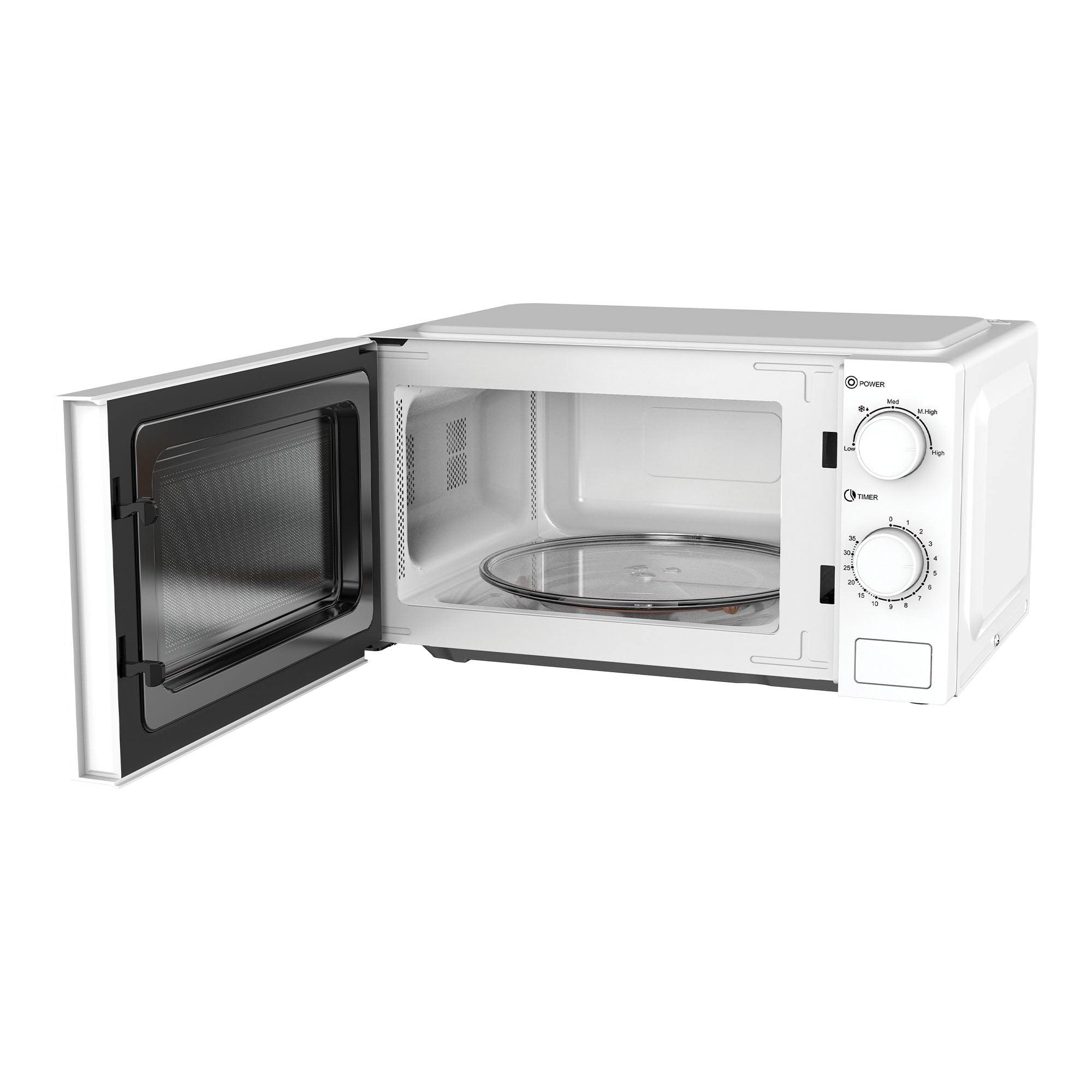 The Igenix IGMS02071W is a white 20L manual microwave oven (700W) with its door open, showing the interior glass turntable and two control dials on the right side of the front panel.