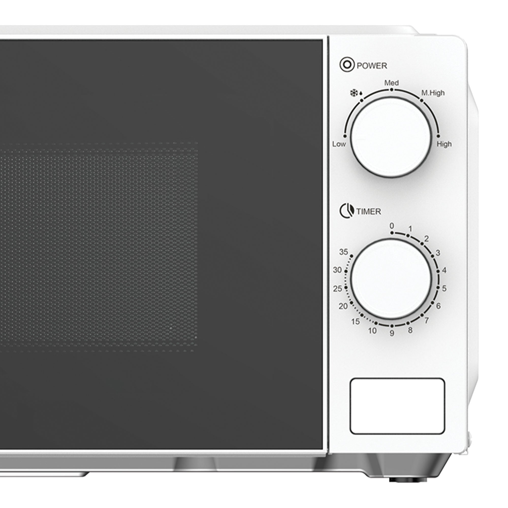A close-up of the Igenix IGMS02071W Manual Microwave, 700 W, 20L, in white, highlighting its control panel with Power and Timer dials and a dark glass door on the left.