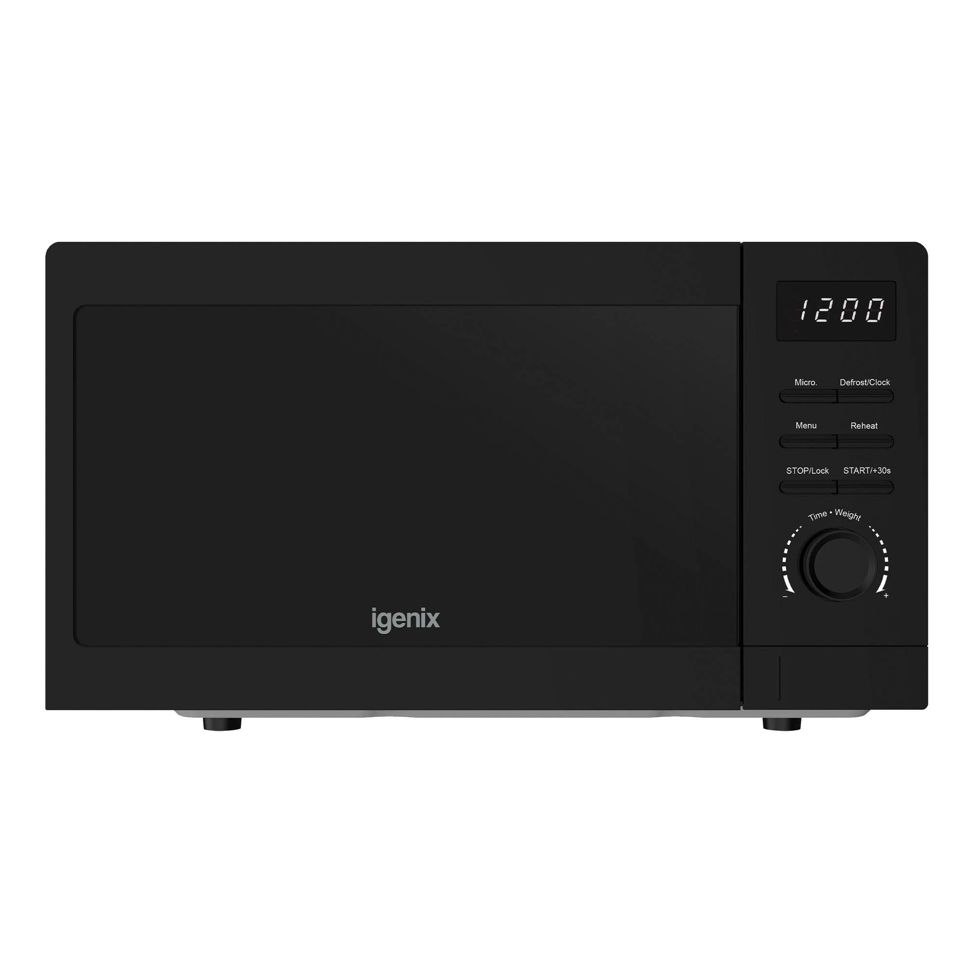 An Igenix IGMS02080B black digital microwave (20L, 800W, 5 power settings) with a reflective door, digital display showing 12:00, function buttons, and a control dial on the right. The door is closed.