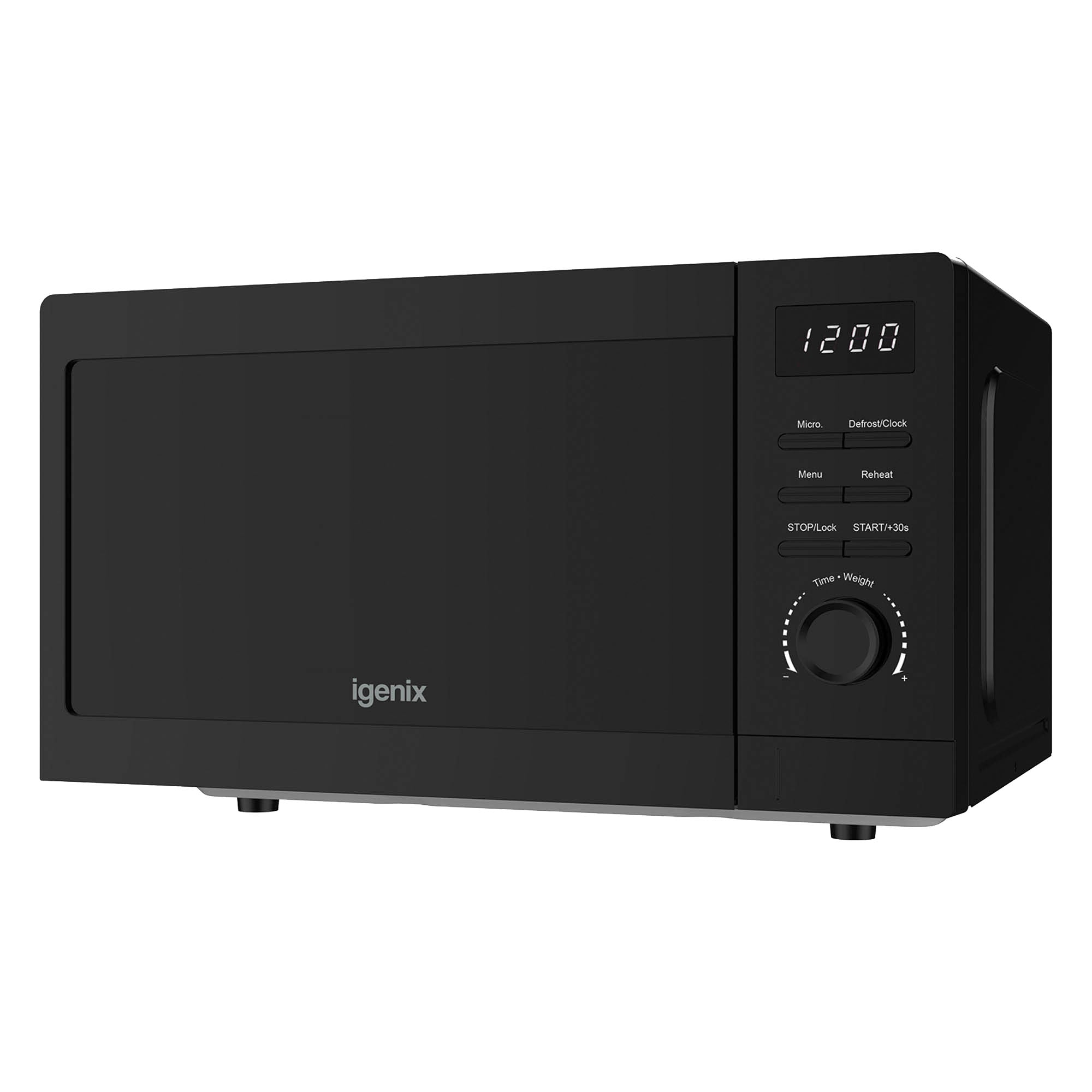 The Igenix IGMS02080B is a black 800W digital microwave with a 20L capacity, featuring a digital clock display at 12:00, several control buttons, five power settings, and a rotary dial on the right of the front panel.