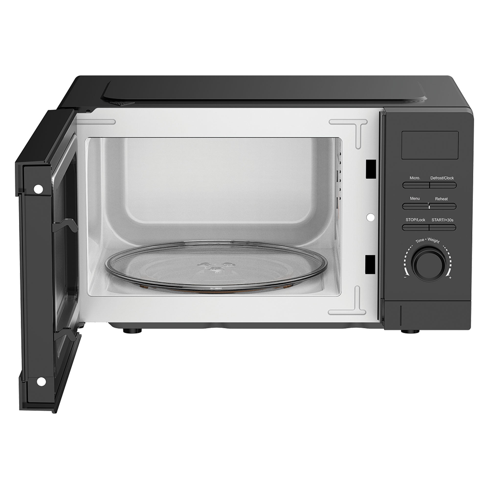 The Igenix Digital Microwave IGMS02080B is a black 800W, 20L appliance with 5 power settings. Shown with the door open, its empty interior and glass turntable are visible, along with the right-side control panel featuring buttons and a dial.