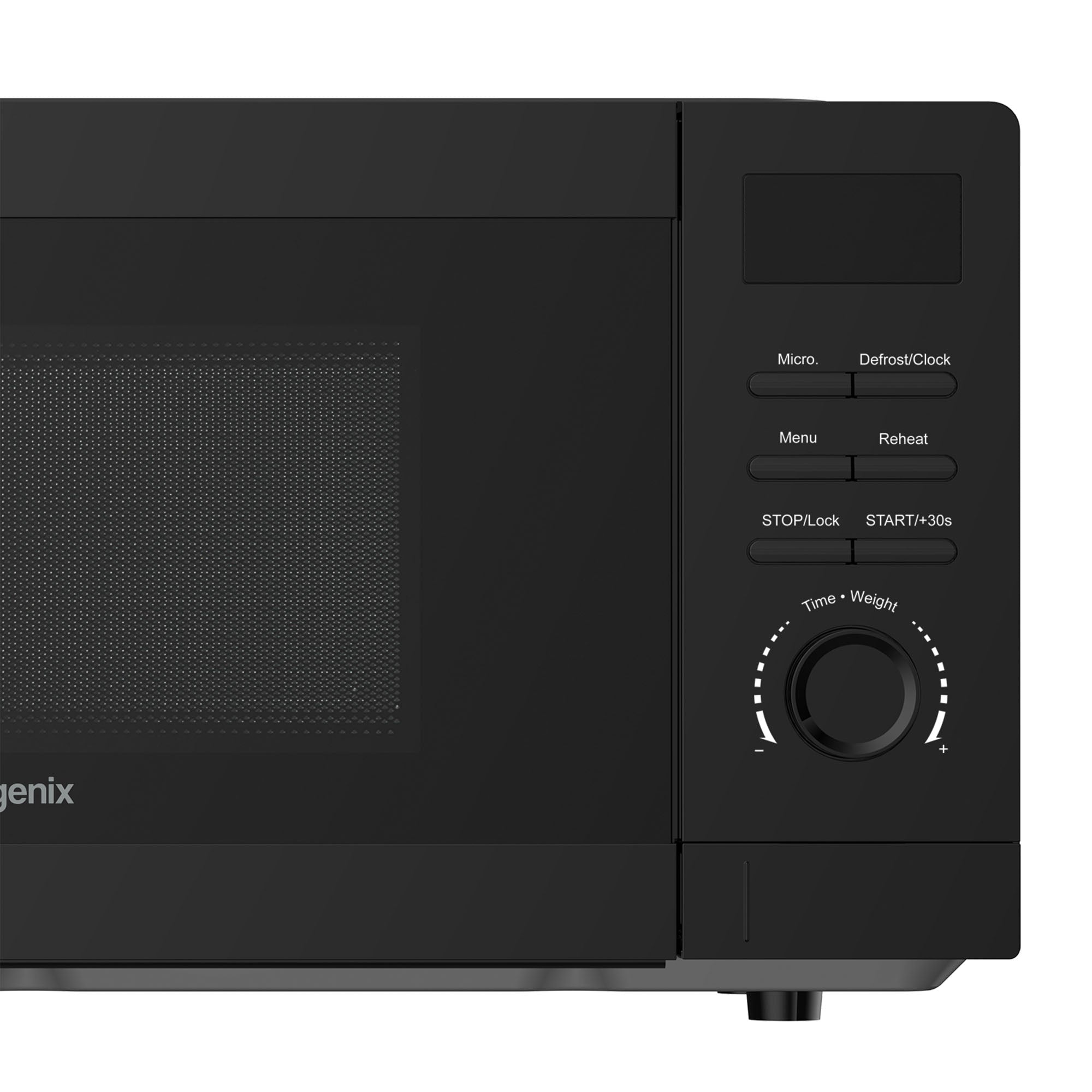 Close-up of the Igenix IGMS02080B Digital Microwave (20L, 800W, Black) front panel showing Micro., Defrost/Clock, Menu, Reheat, STOP/Lock, START/+30s buttons and a Time/Weight dial for easy cooking with 5 power settings.