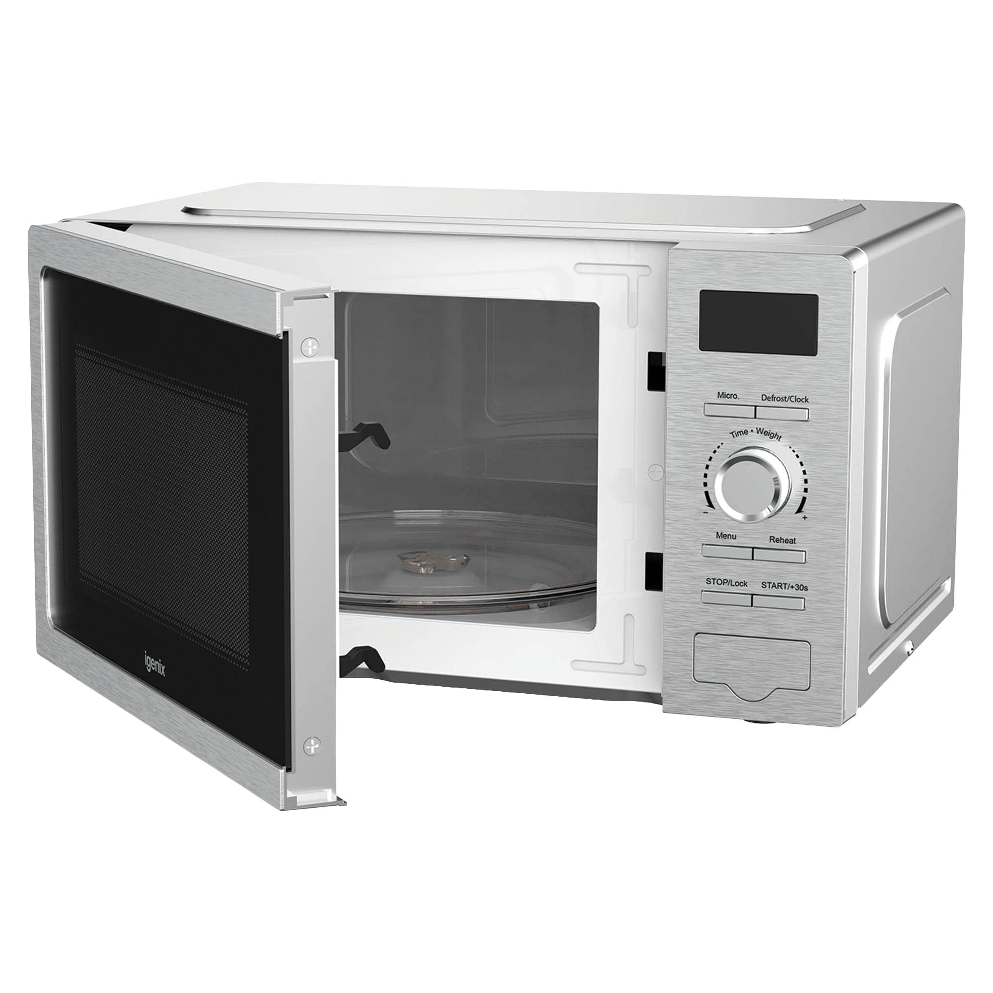 An Igenix Digital Microwave (model IGMS02080SS) in stainless steel, with a 20 litre capacity and 800W power, is shown with its door open to reveal the empty interior and glass turntable. The control dials and buttons are visible on the right side.