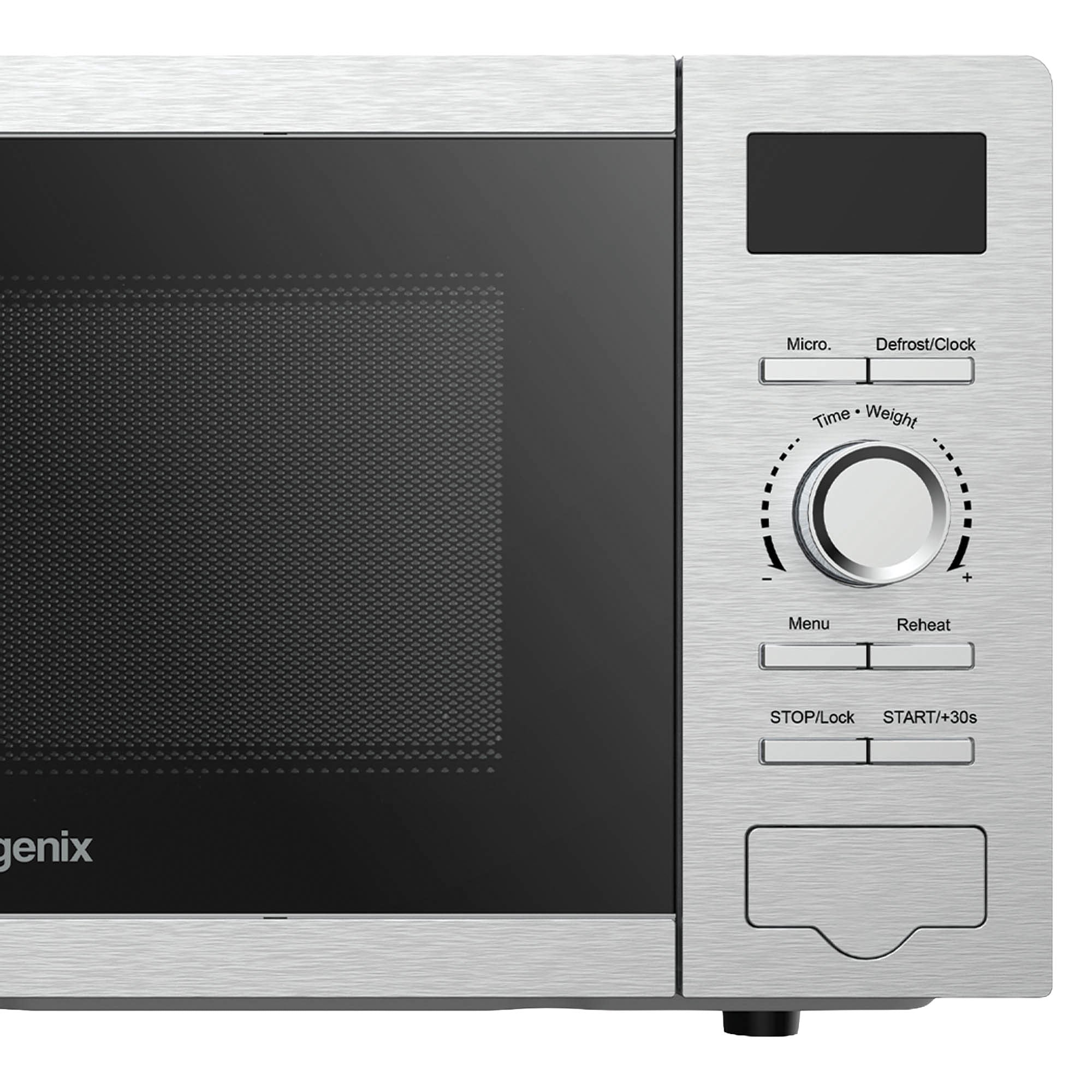 Here is the revised sentence incorporating your product data: A close-up of the Igenix Digital Microwave (model IGMS02080SS) showcases its sleek stainless steel control panel, featuring clearly labeled buttons, a digital display, and a central dial for easily selecting time, weight, and functions such as defrost, menu, reheat, stop/lock, and start. This 800W microwave offers a spacious 20-litre capacity with 5 power settings for everyday convenience.