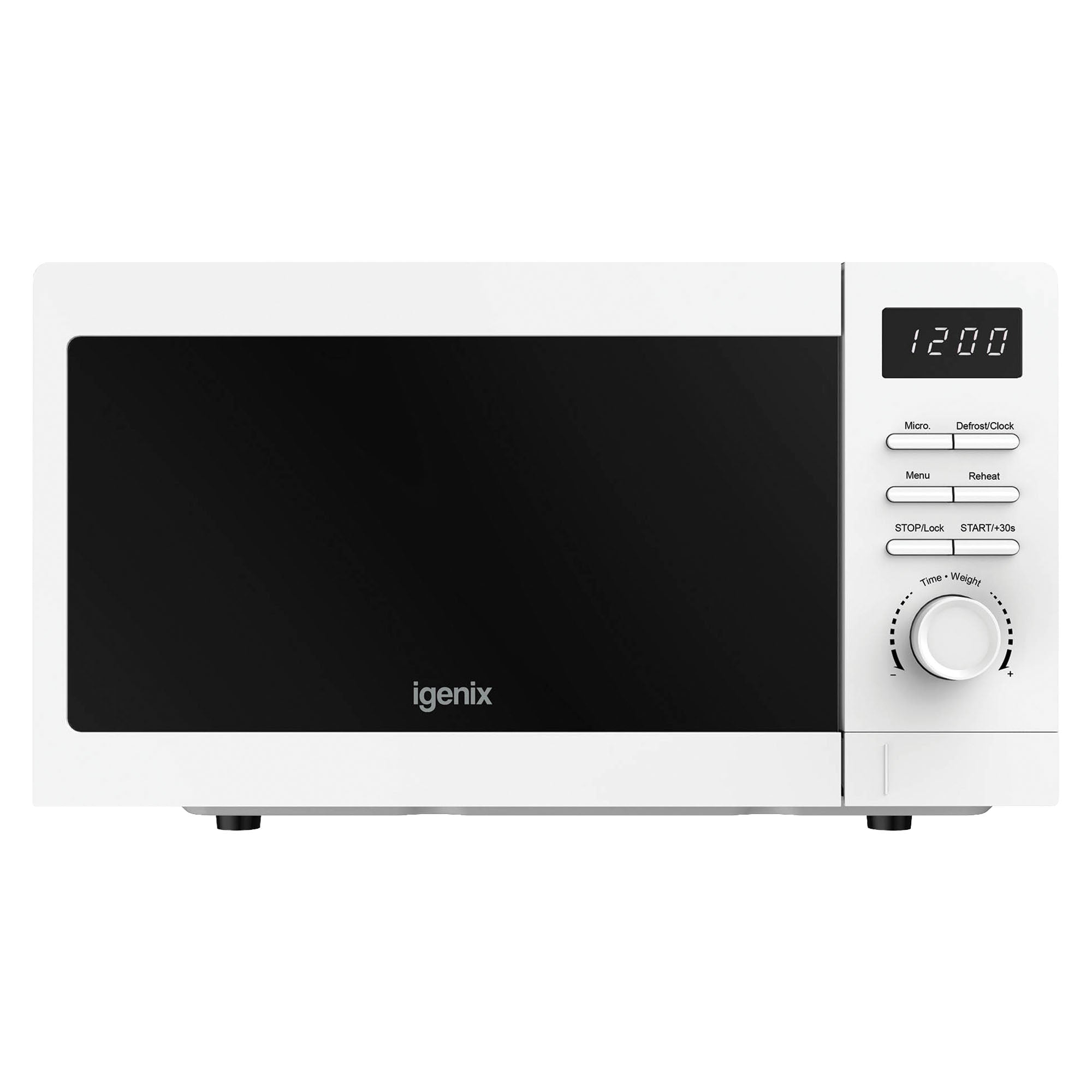 The Igenix Digital Microwave IGMS02080W is a white 20-litre, 800W appliance with 5 power settings, a black door, digital display (showing 12:00), and control buttons plus rotary dial on the right.