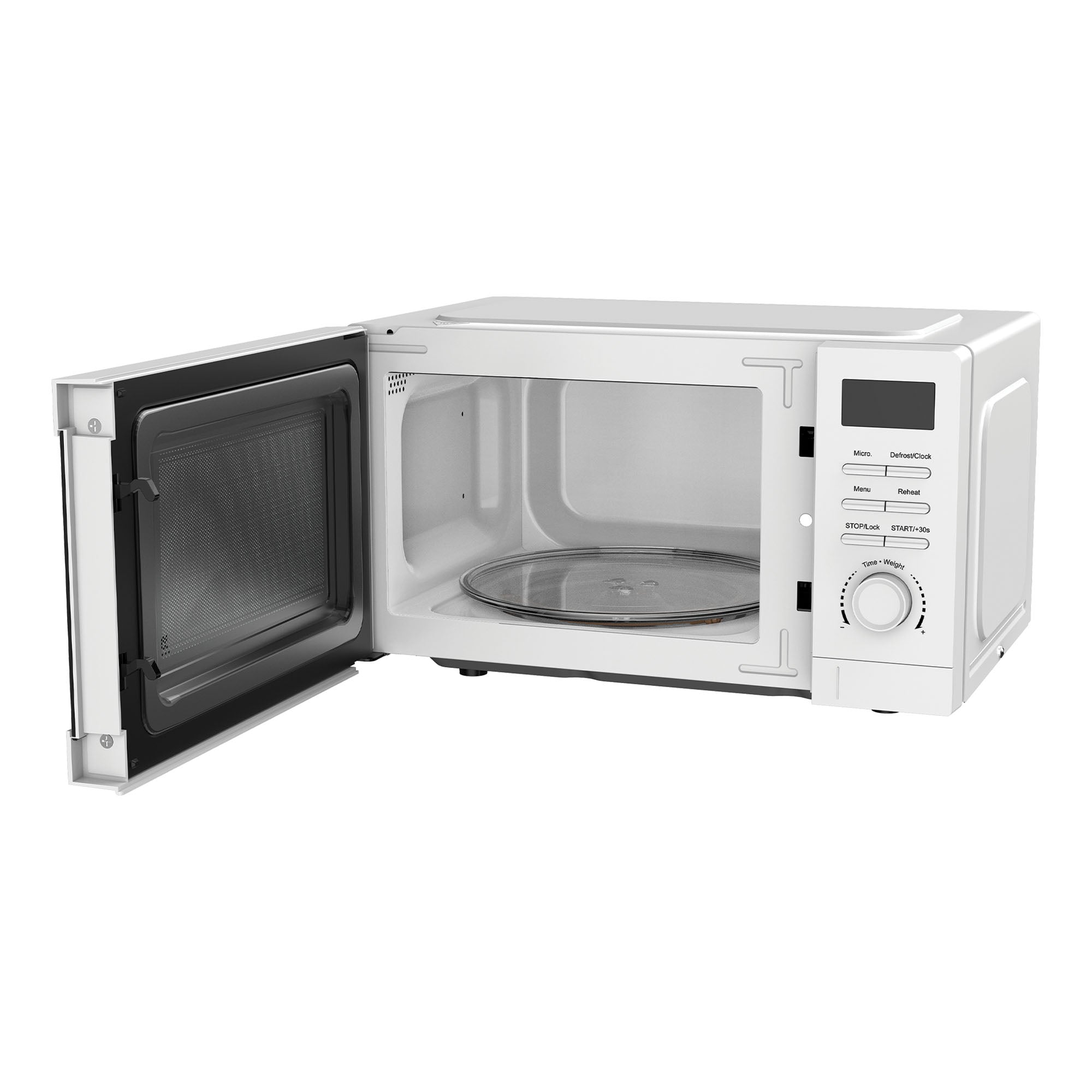 The Igenix Digital Microwave IGMS02080W, 20L and 800W in white, is shown with its door open to reveal the empty interior and glass turntable. The control panel with buttons and a dial is visible on the right side.