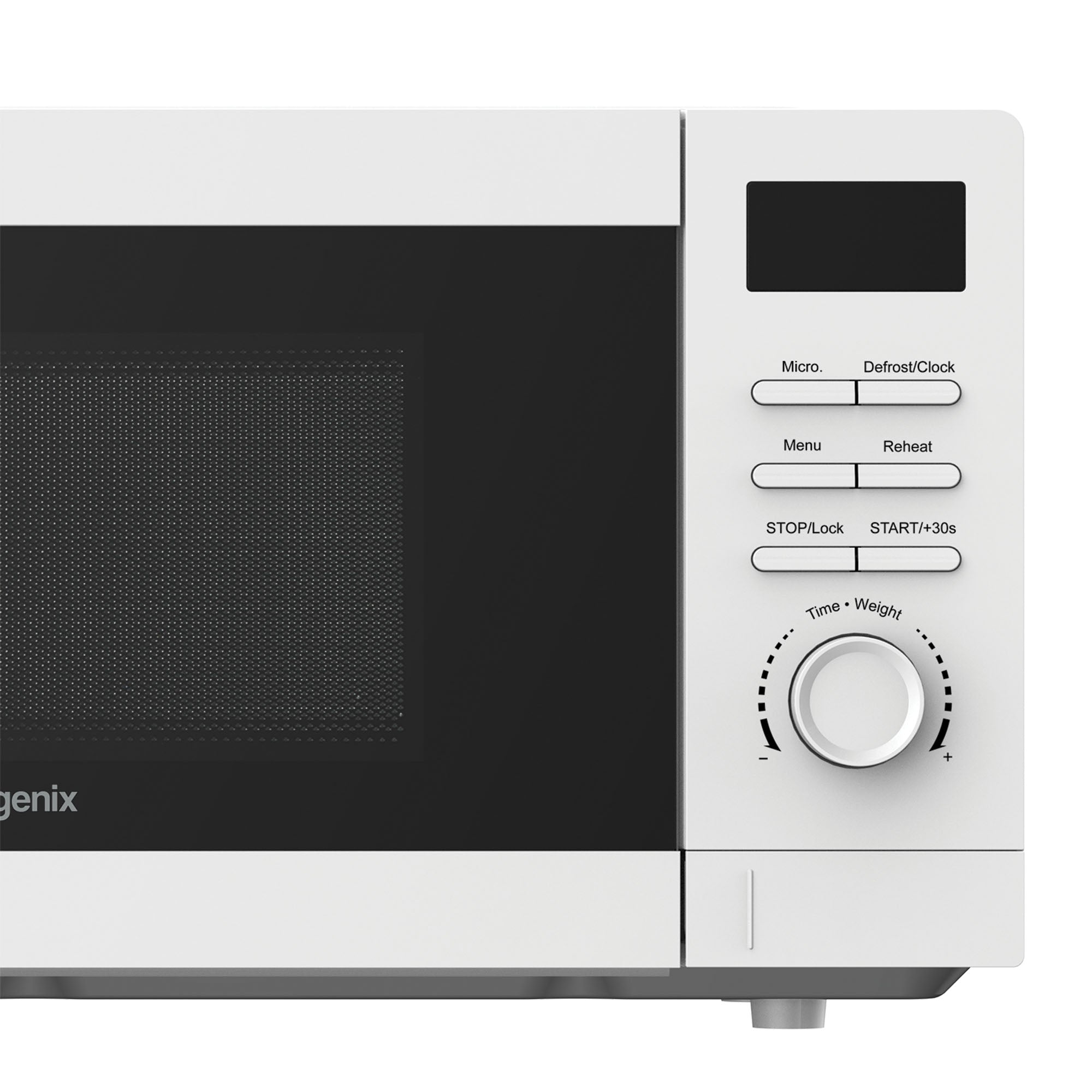 A close-up of the Igenix Digital Microwave IGMS02080W (20L, 800W, 5 power settings) in white with a black front panel, highlighting its door, digital display, control buttons, and time/weight knob.