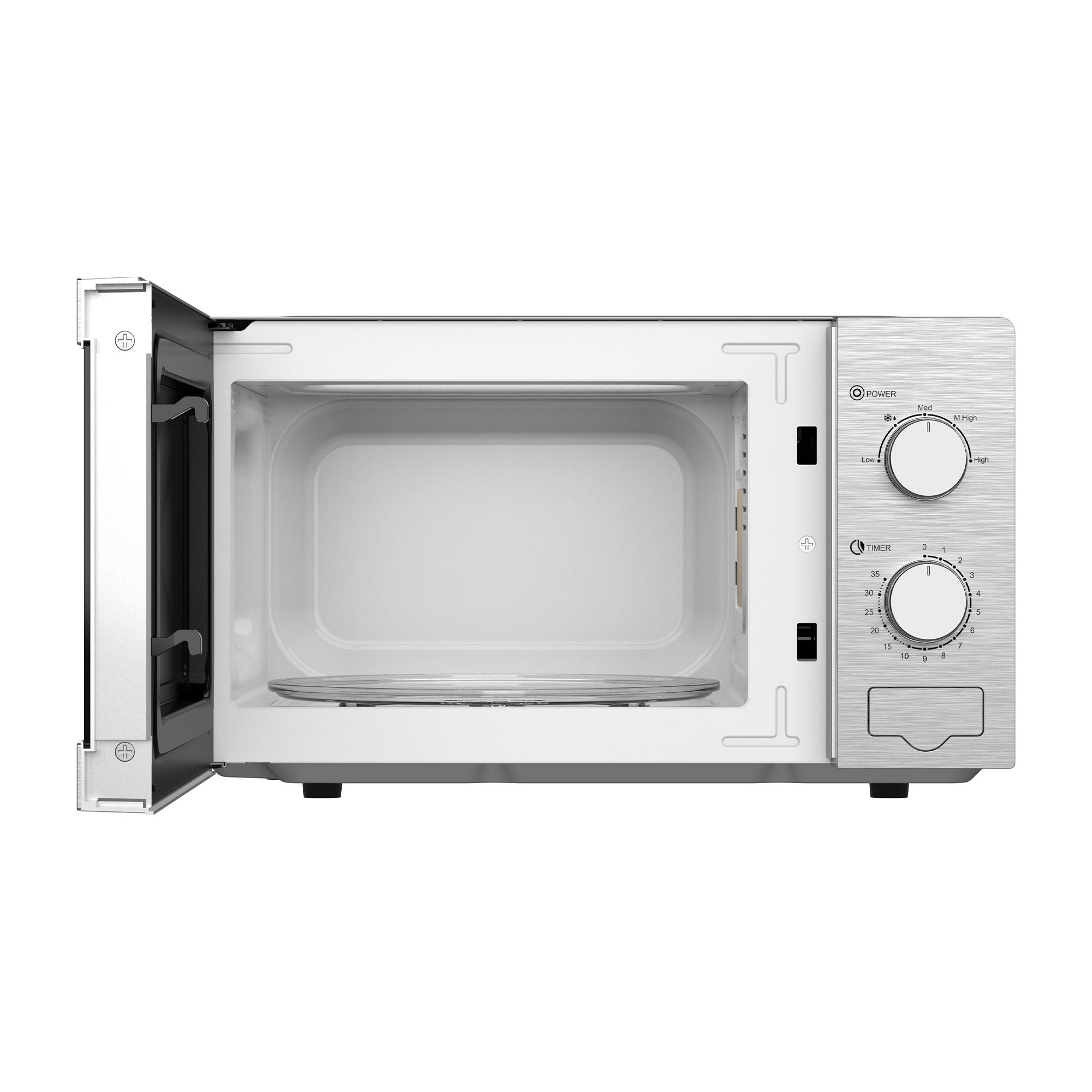 The Igenix Manual Microwave IGMS02081SS is a 20-litre, 800W stainless steel unit with a glass turntable inside and two control knobs on the right for timer and 5 power settings.