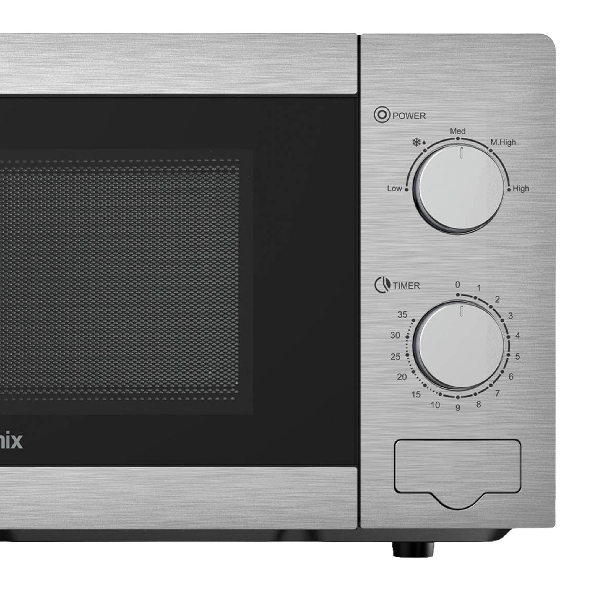 The Igenix IGMS02081SS Manual Microwave features 20L capacity, stainless steel finish, black window, two right-side dials for 5 power settings and timer, 800W power, and a small bottom handle.