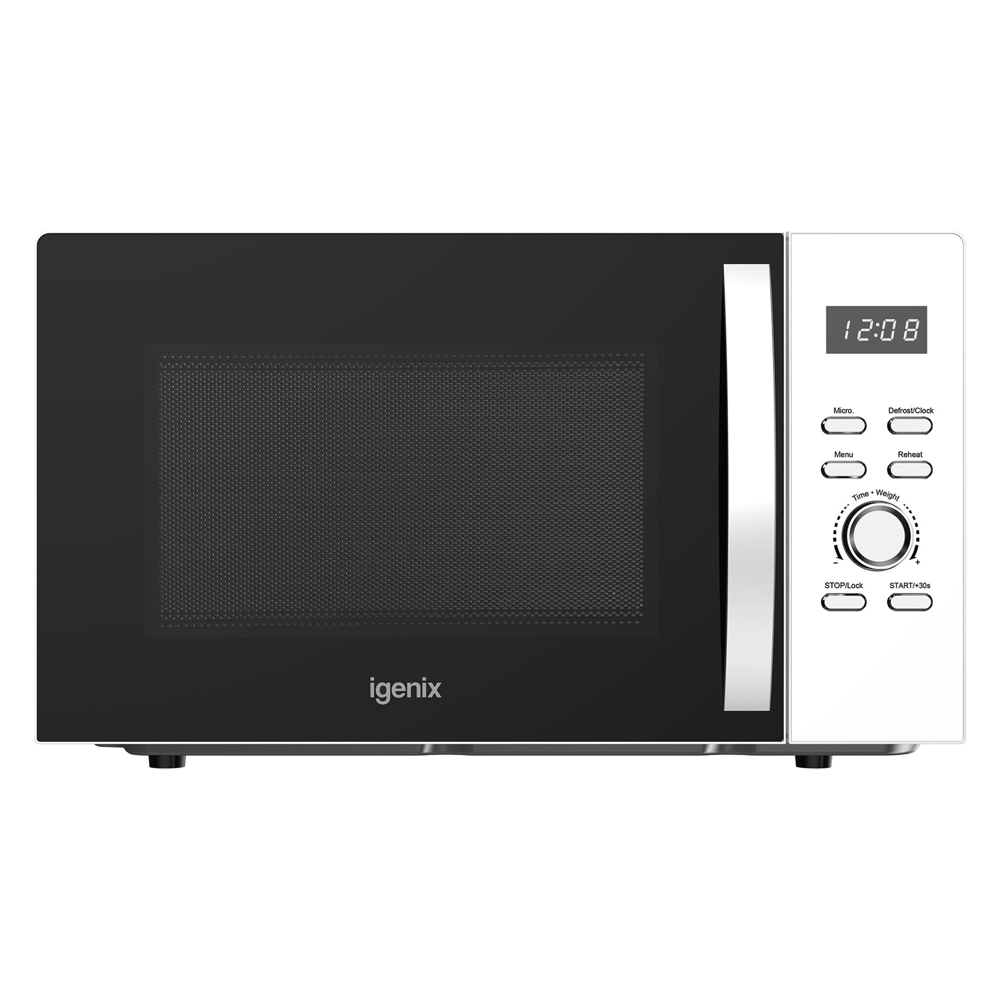 The Igenix IGMS03090W is a stylish white 30L, 950W digital microwave with a control panel and dial knobs on the right, plus a large door window. The display shows 12:08.