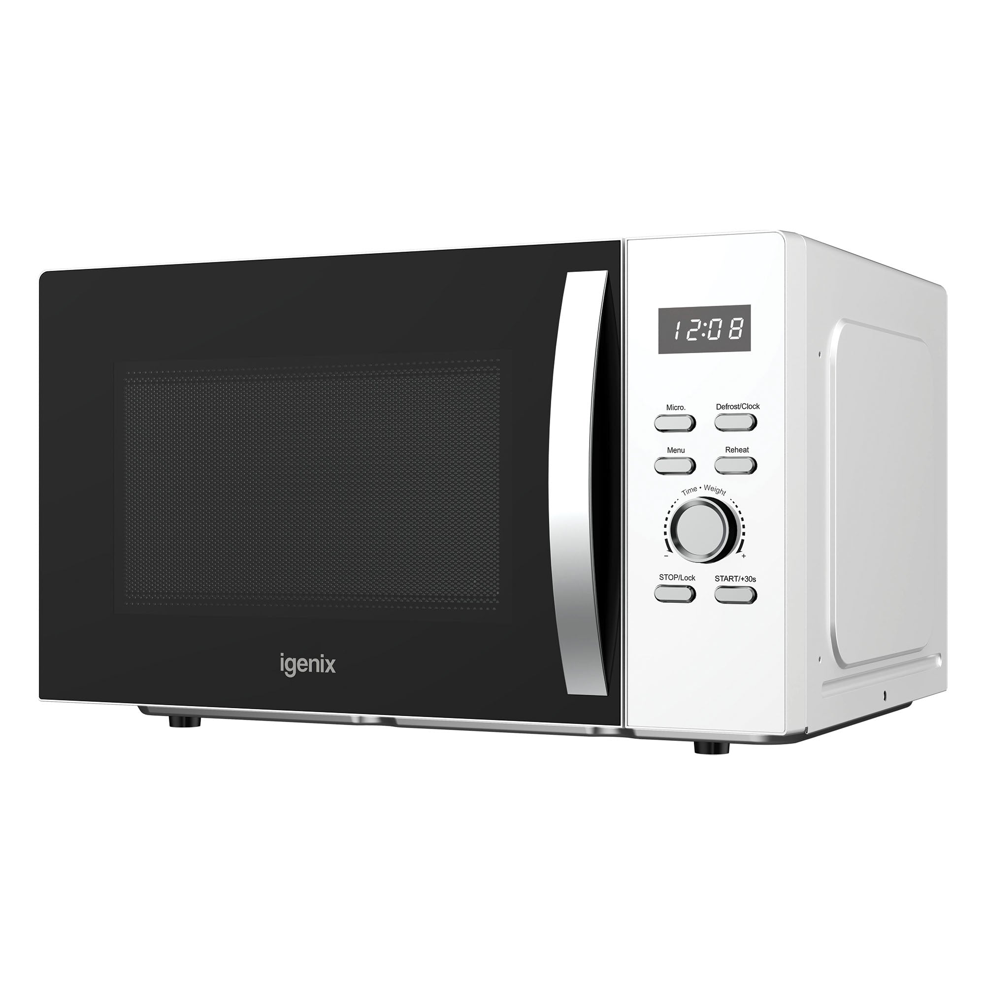 The Igenix IGMS03090W is a stylish white 30-litre digital microwave with a 950W output, black panel, silver right-side handle, digital display at 12:08, control buttons, and a dark glass door for modern convenience.