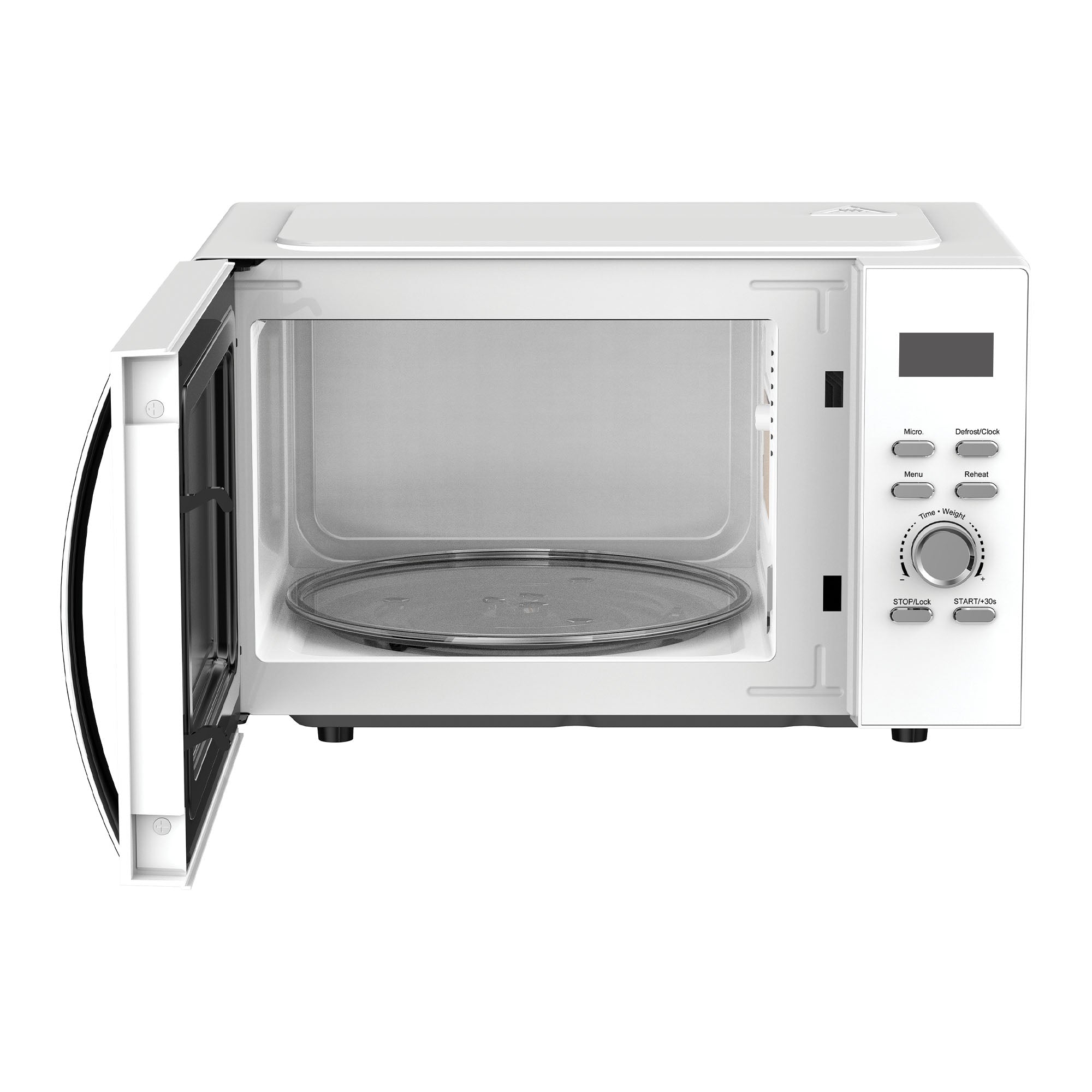 The Igenix IGMS03090W Digital Microwave, 30 Litre, 950W, is shown in white with its door open and empty glass turntable inside. The control panel with buttons and dial is visible on the right.