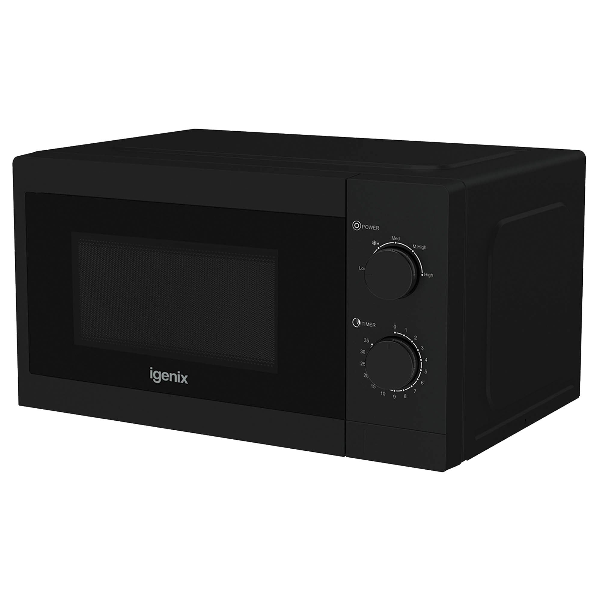 The Igenix IGMS08080B is a black 20L manual microwave with 800W power, five settings, two control dials on the right, and a front dark window.