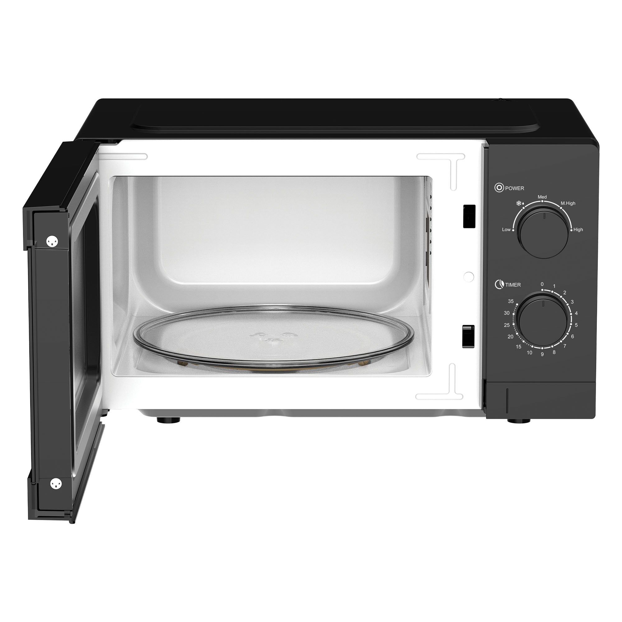 The Igenix IGMS08080B is a black 20L manual microwave with 800W power, 5 power settings, and two control knobs. Its open door reveals an empty interior and glass turntable.