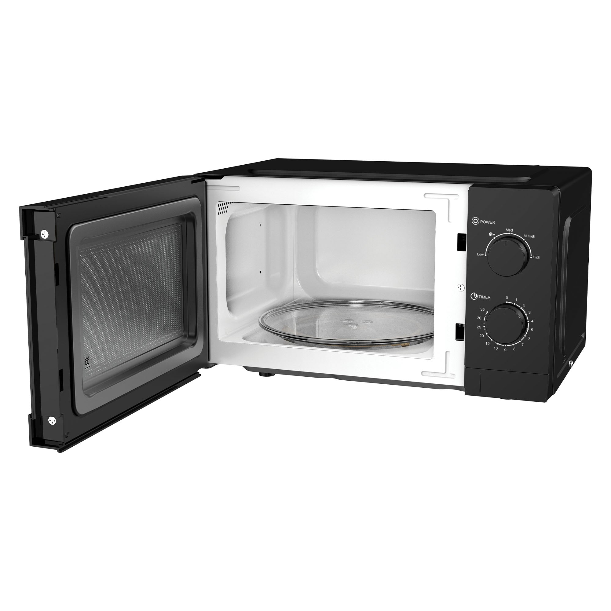 The Igenix IGMS08080B is a black 20L manual microwave with a clean interior, glass turntable, two side knobs for power and timer settings, and offers 5 power levels at 800W.