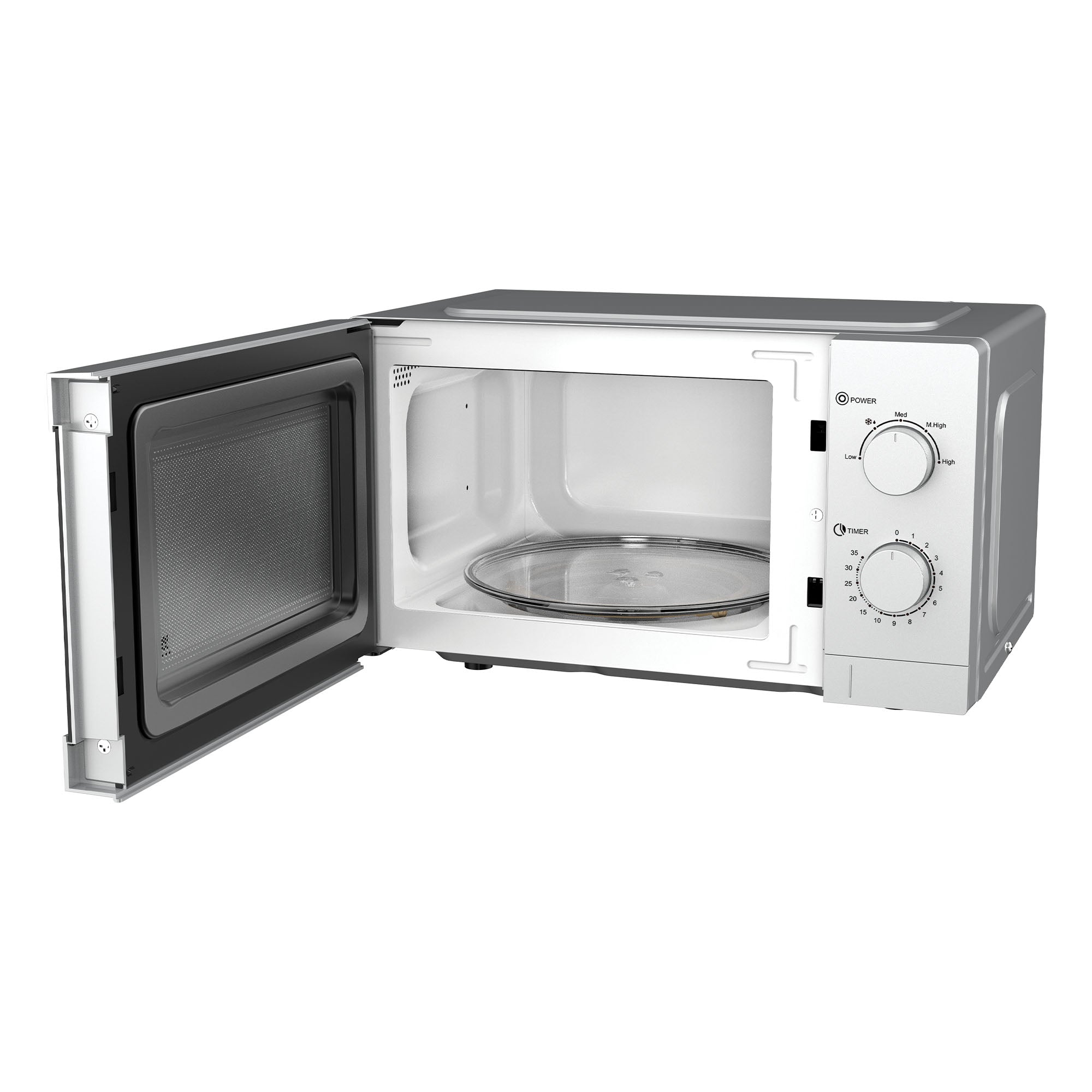 The Igenix IGMS08080S is a silver, 20-litre manual microwave with its door open to reveal the glass turntable. The front panel has two control dials for 5 power settings and timer adjustment. Power output: 800W.