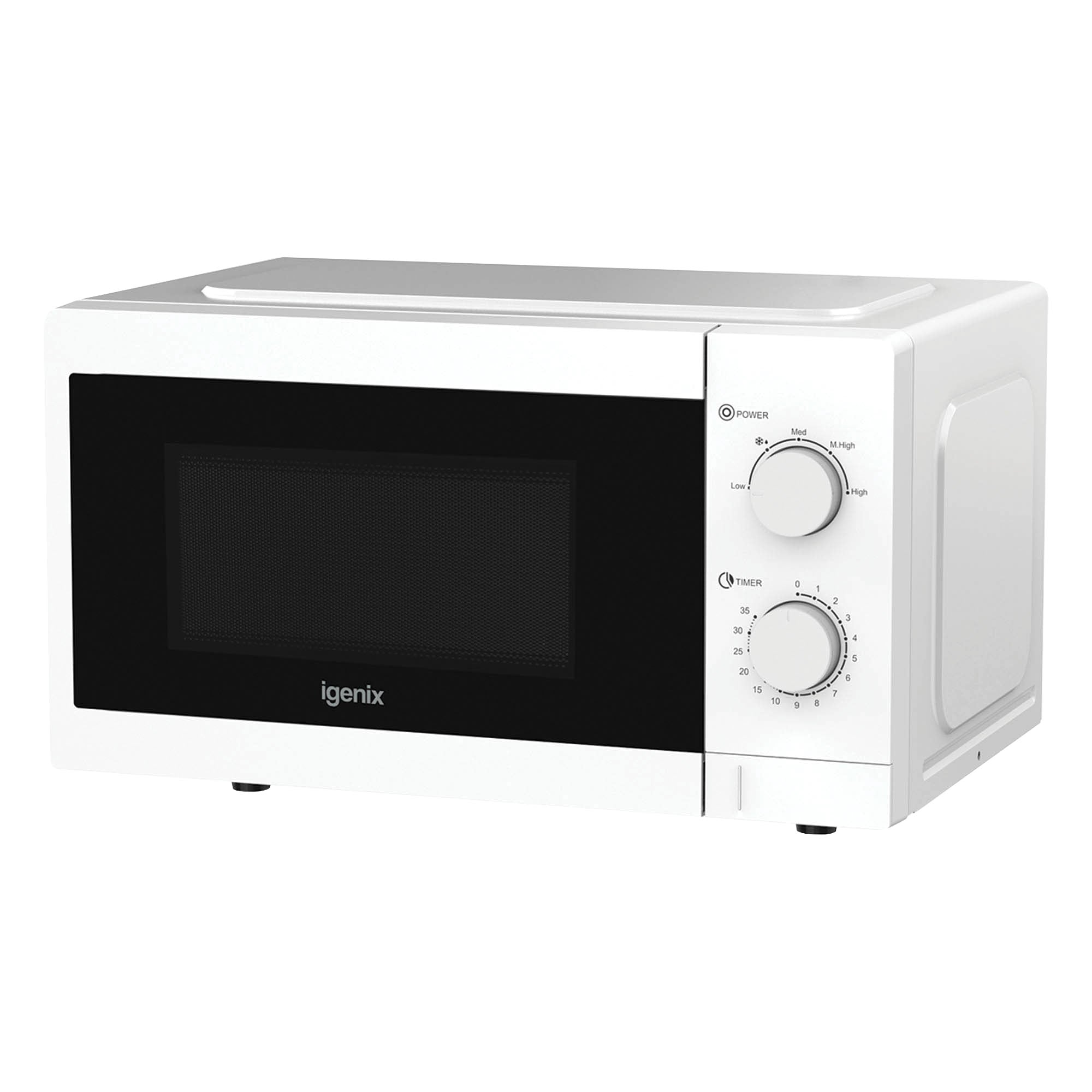The Igenix Manual Microwave IGMS08080W is a compact, white 20L oven with black front door, 800W power, 5 power settings, and dual control dials for power and timer.