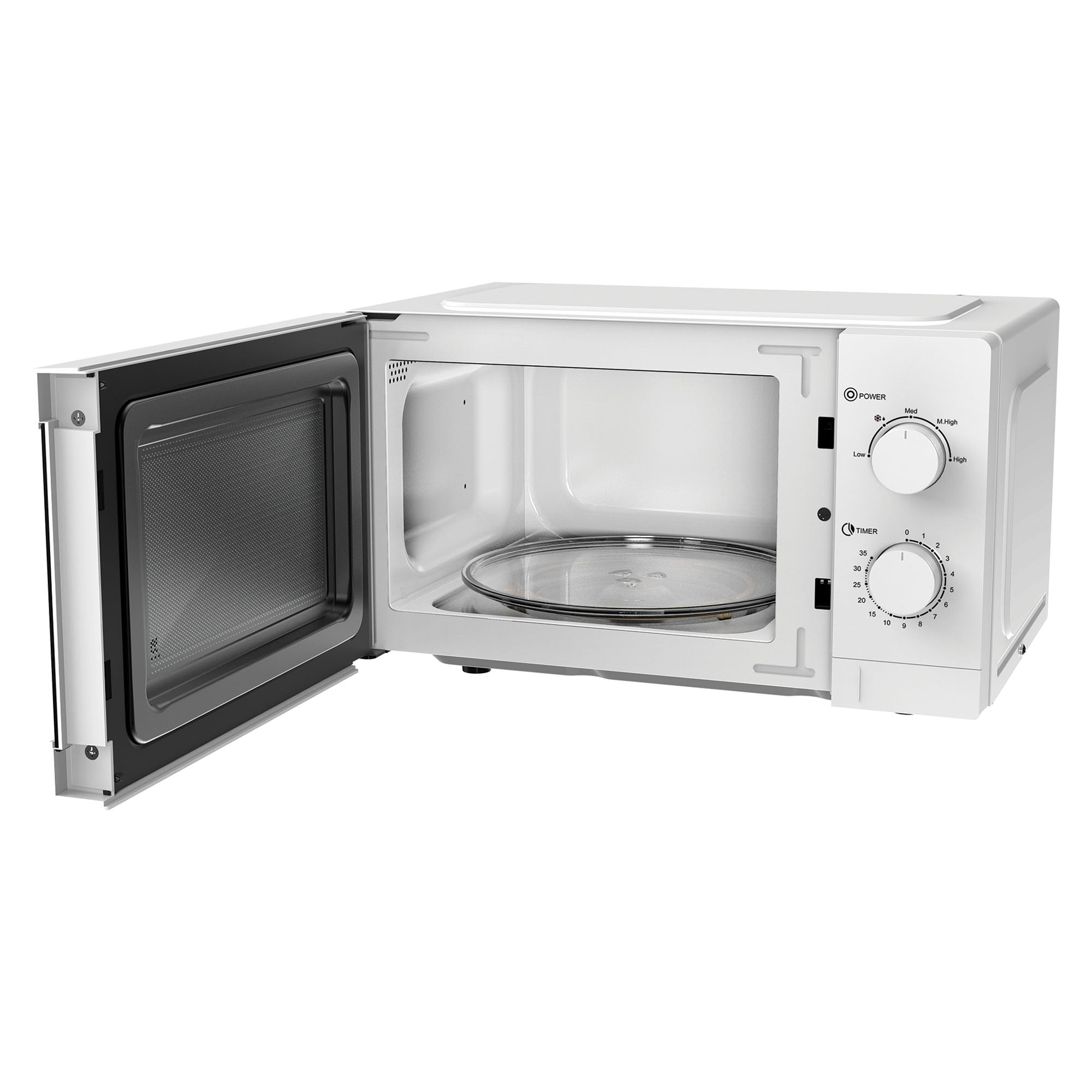 The Igenix IGMS09434W is a white 700W manual microwave with a 20-litre capacity, five power settings, and a glass turntable. The right control panel features two dials for adjusting power level and timer.
