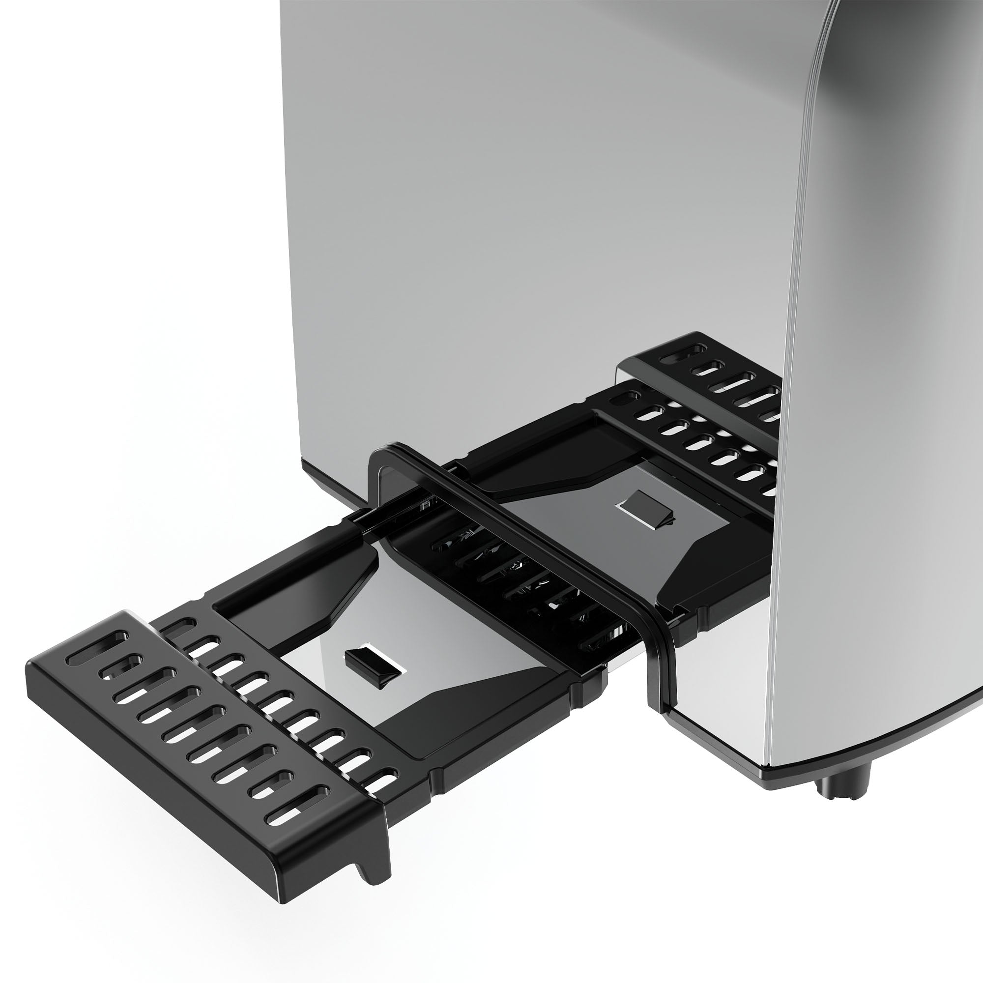 Close-up of the Igenix 750W 2 Slice Toaster in stainless steel, featuring its partially pulled-out crumb tray with a perforated design for catching crumbs and easy cleaning.