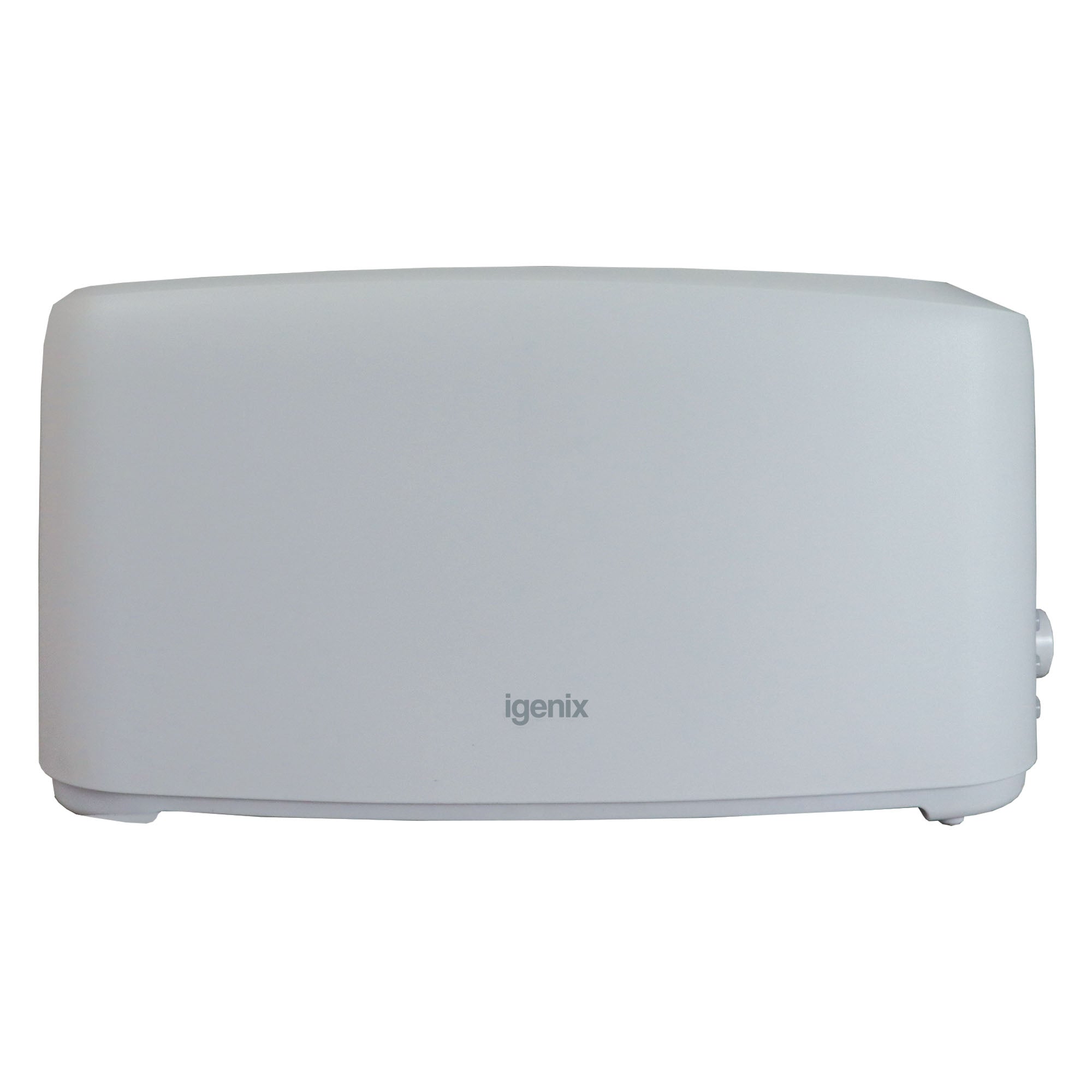 The Igenix 4 Slice Long Slot Toaster (IGT0420W) in white features a minimalistic front view with extra-long slots, a smooth, simple design, and a small logo at the bottom center.