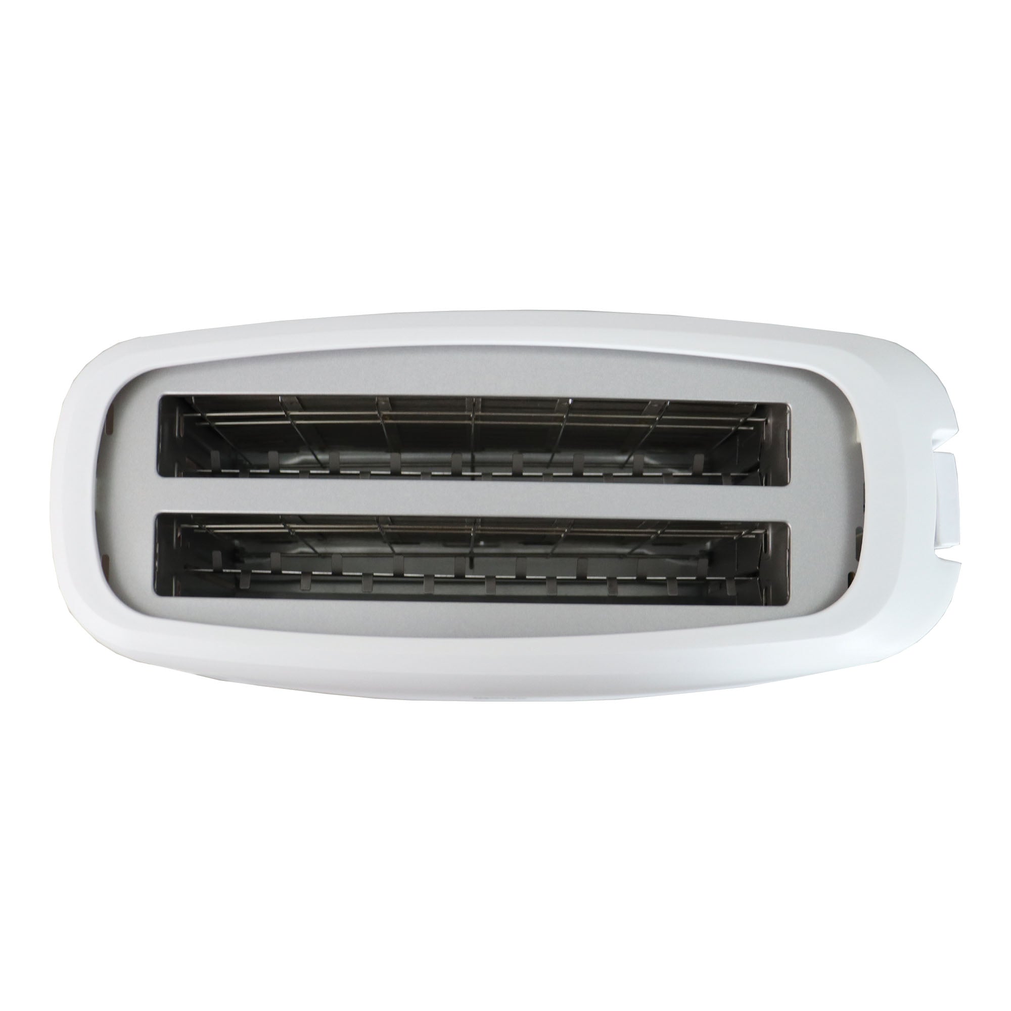 Top view of the Igenix 4 Slice Long Slot Toaster (IGT0420W) in white, showing empty, extra-long slots and visible metal grates inside.