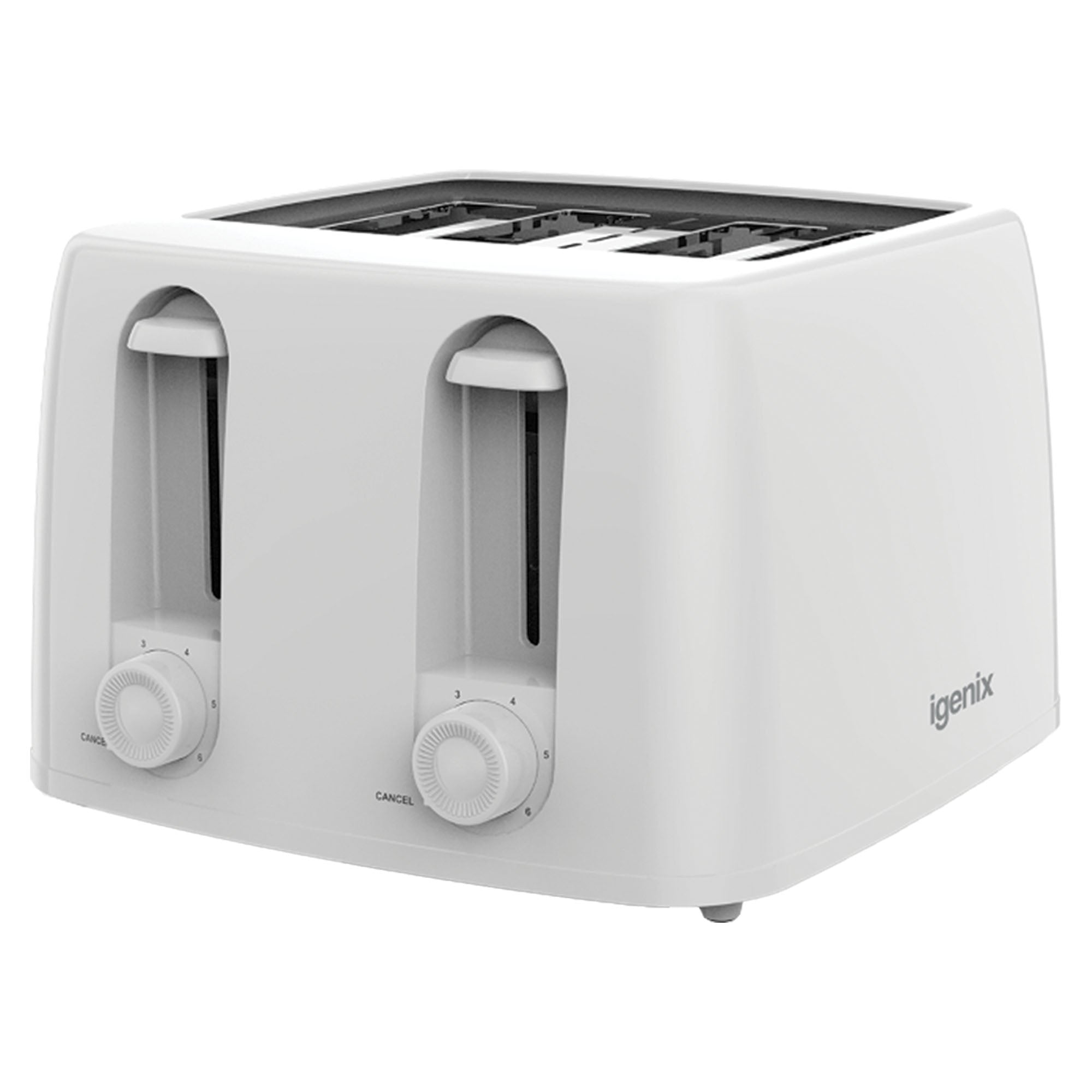 A white Igenix 4 slice toaster with control dial, 6 browning levels, crumb tray, and cord storage; designed for perfectly toasting bread.