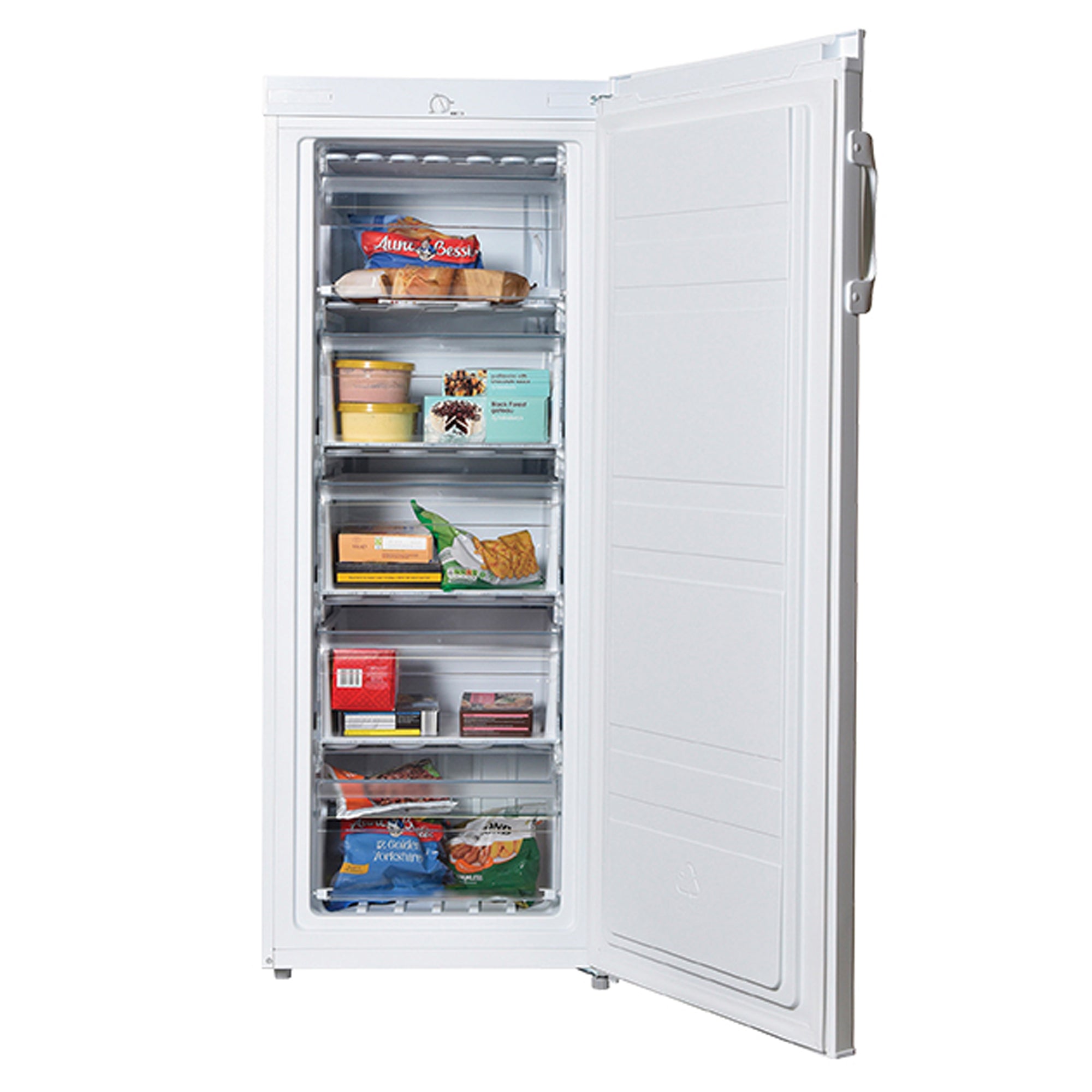 An Igenix Freestanding Tall Larder Fridge, 55cm wide with a 230-litre capacity, offers spacious storage for fresh groceries—ideal to pair with an Igenix upright freezer for maximum kitchen organisation and extra space.