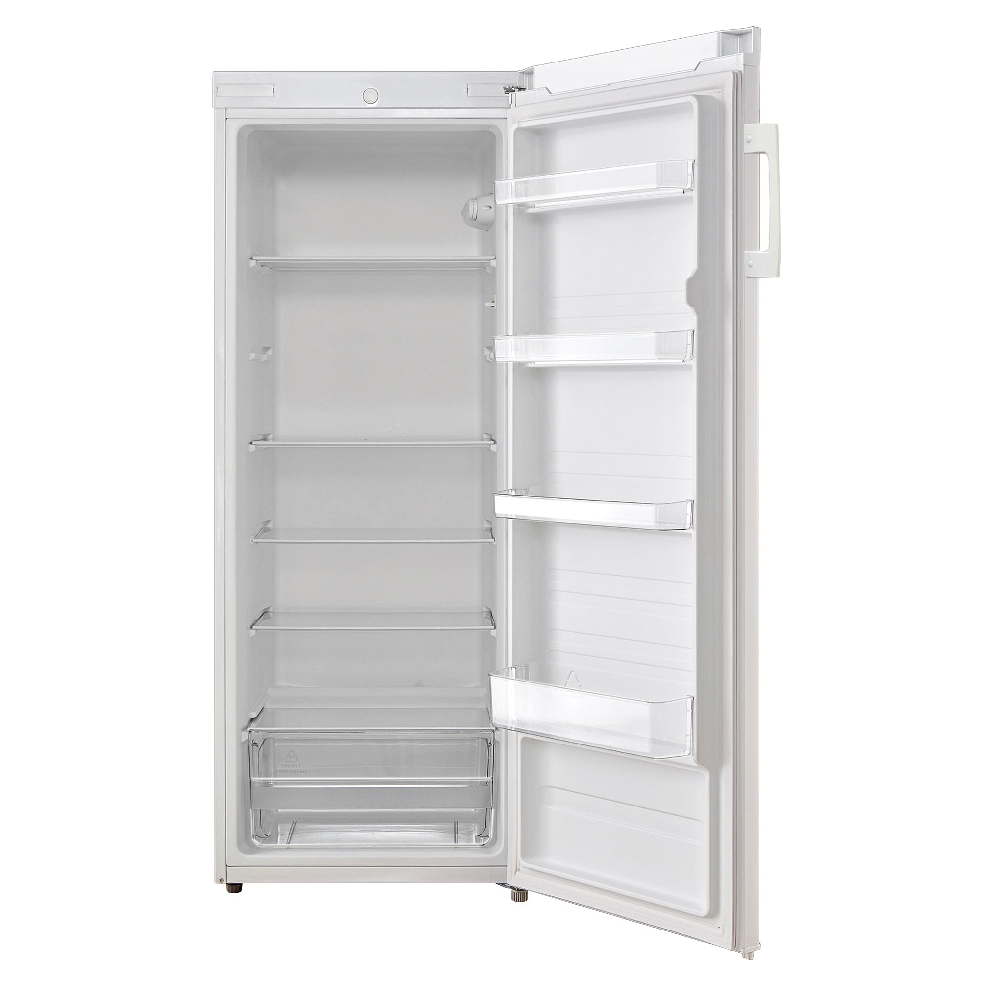 A freestanding Igenix Tall Larder Fridge, 55cm wide and 230 litres, shown upright and open with empty shelves, a transparent bottom drawer, and storage compartments on the door.