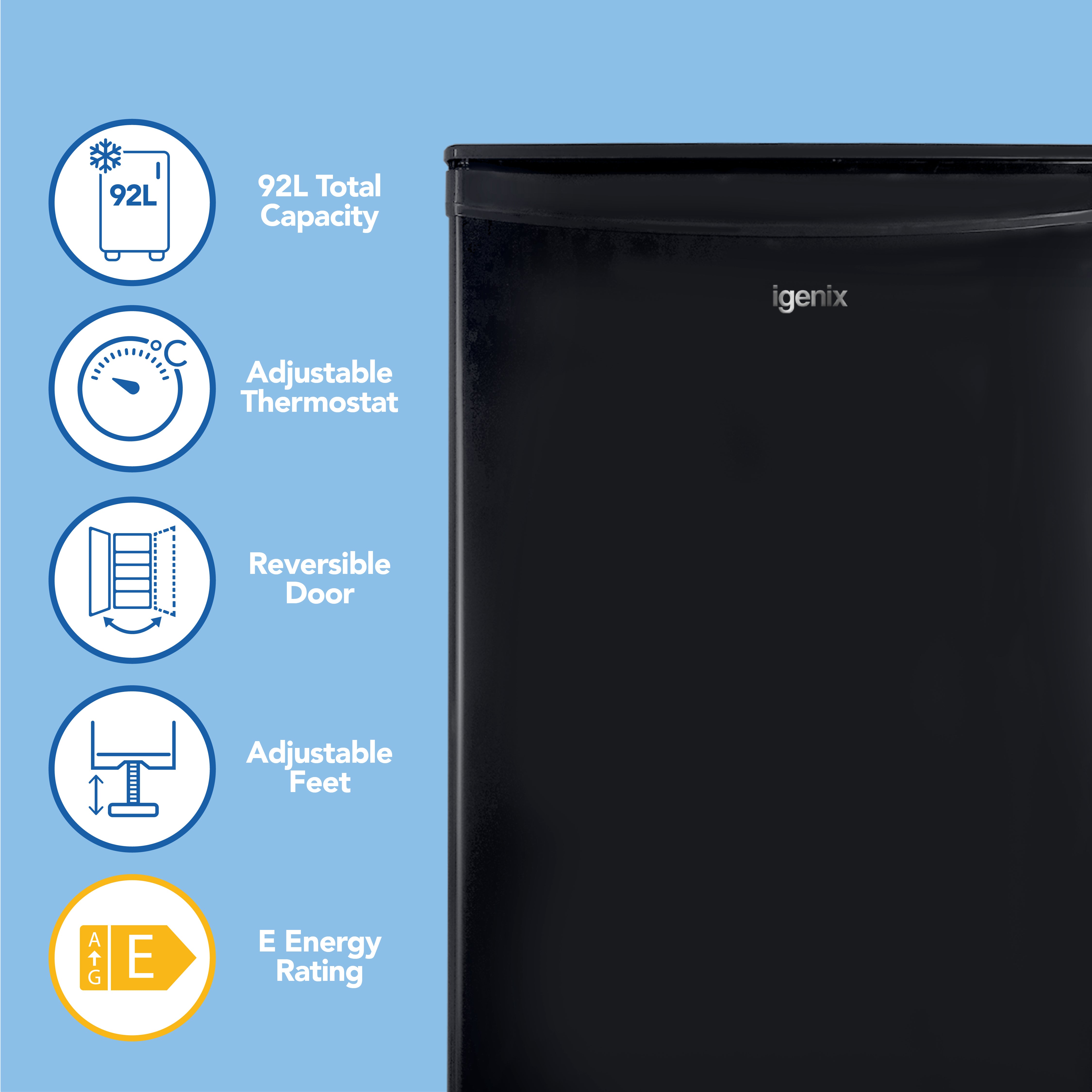 An Igenix Under Counter Larder Fridge (92L, Black) is displayed on a light blue background, featuring icons and text for its adjustable thermostat, reversible door, adjustable feet, and E energy rating.