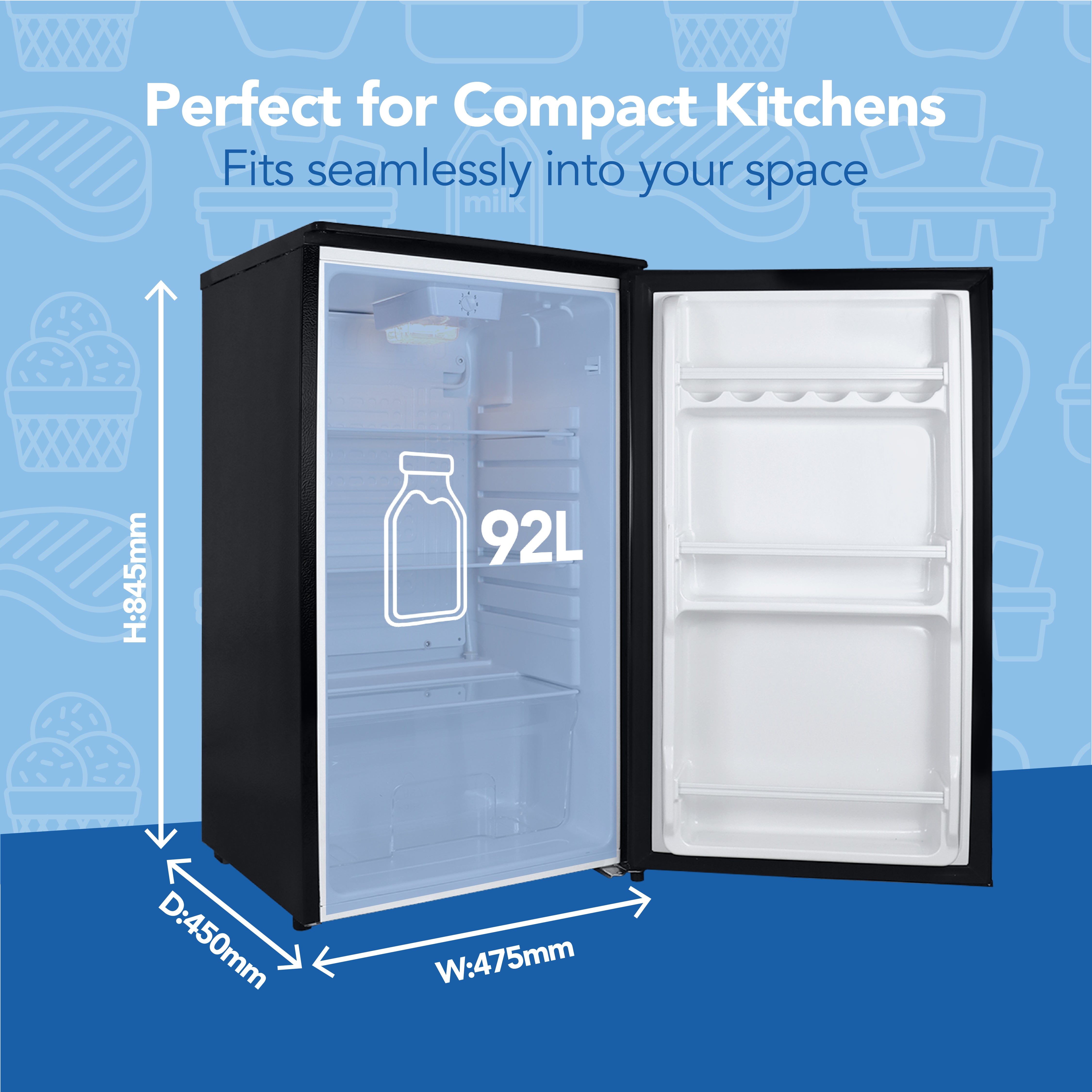 The Igenix Under Counter Larder Fridge features a 92-litre capacity, reversible door, and sleek black finish. Sized at 845mm (H) x 475mm (W) x 450mm (D), it’s ideal for compact kitchens needing efficient under-counter storage.