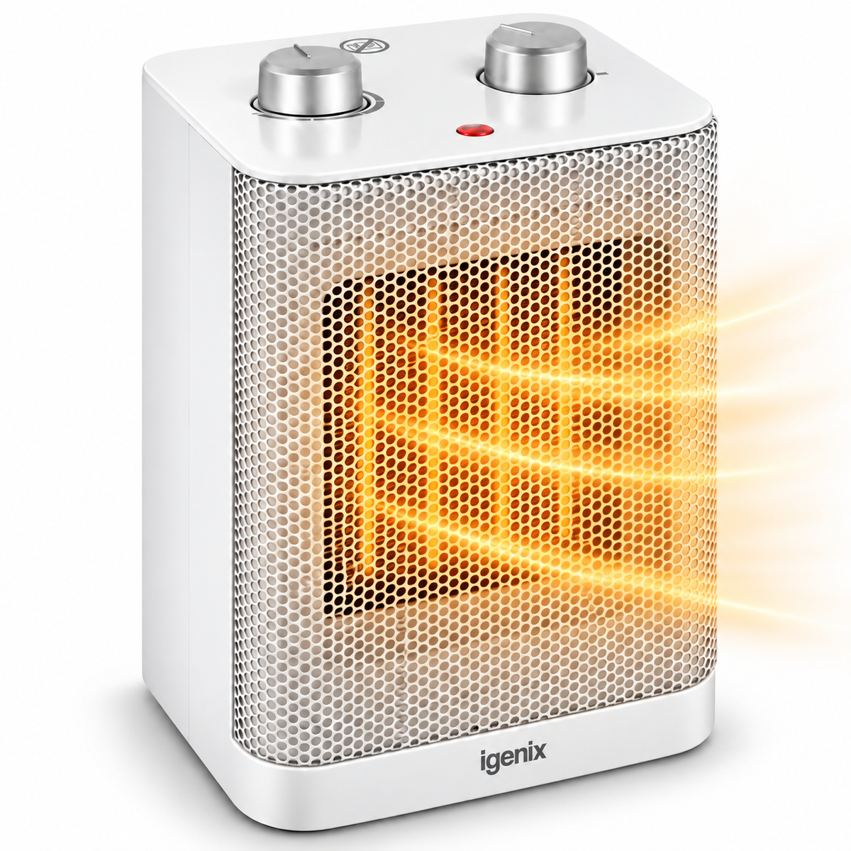 Igenix Tabletop Fan Heater, 1500W, White, featuring two control dials on top and a glowing orange heating element behind a mesh grille.
