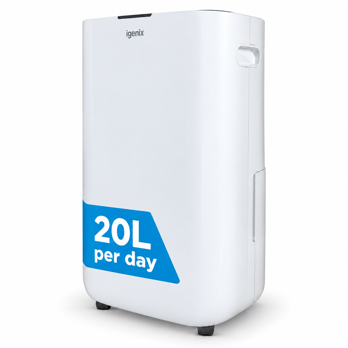White Igenix Portable Dehumidifier, Extracts 20 Litres per Day, with a blue sticker on the front reading 20L per day for effective damp removal.