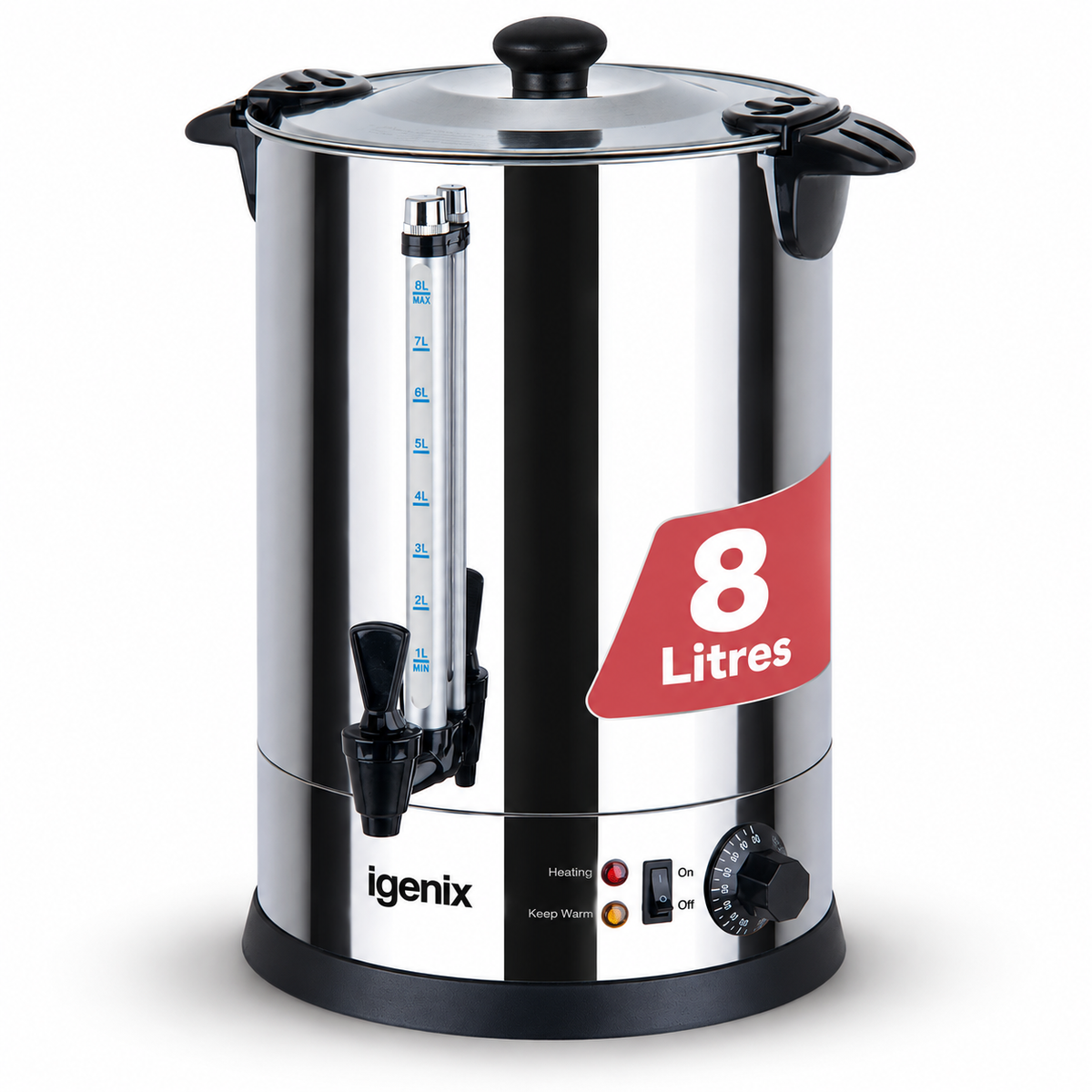 Stainless steel 8 Litre Catering Urn, Hot Water Boiler featuring a water level gauge, a tap, and an adjustable temperature dial.