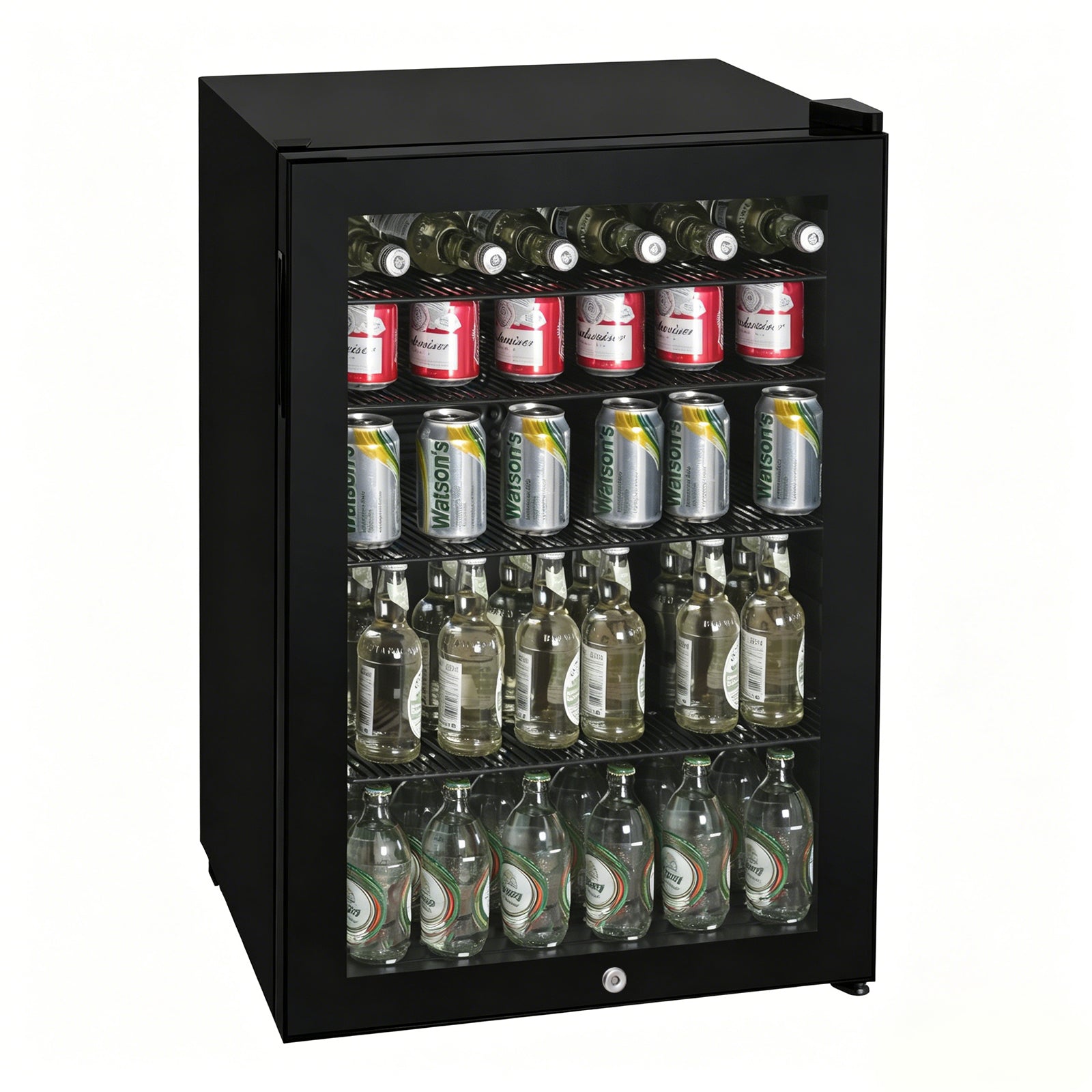 The Igenix Under Counter Drinks Fridge, 98 Litre, Black features a sleek glass door with bottles and cans arranged on three shelves. Set against a white background, it's perfect for any modern space.